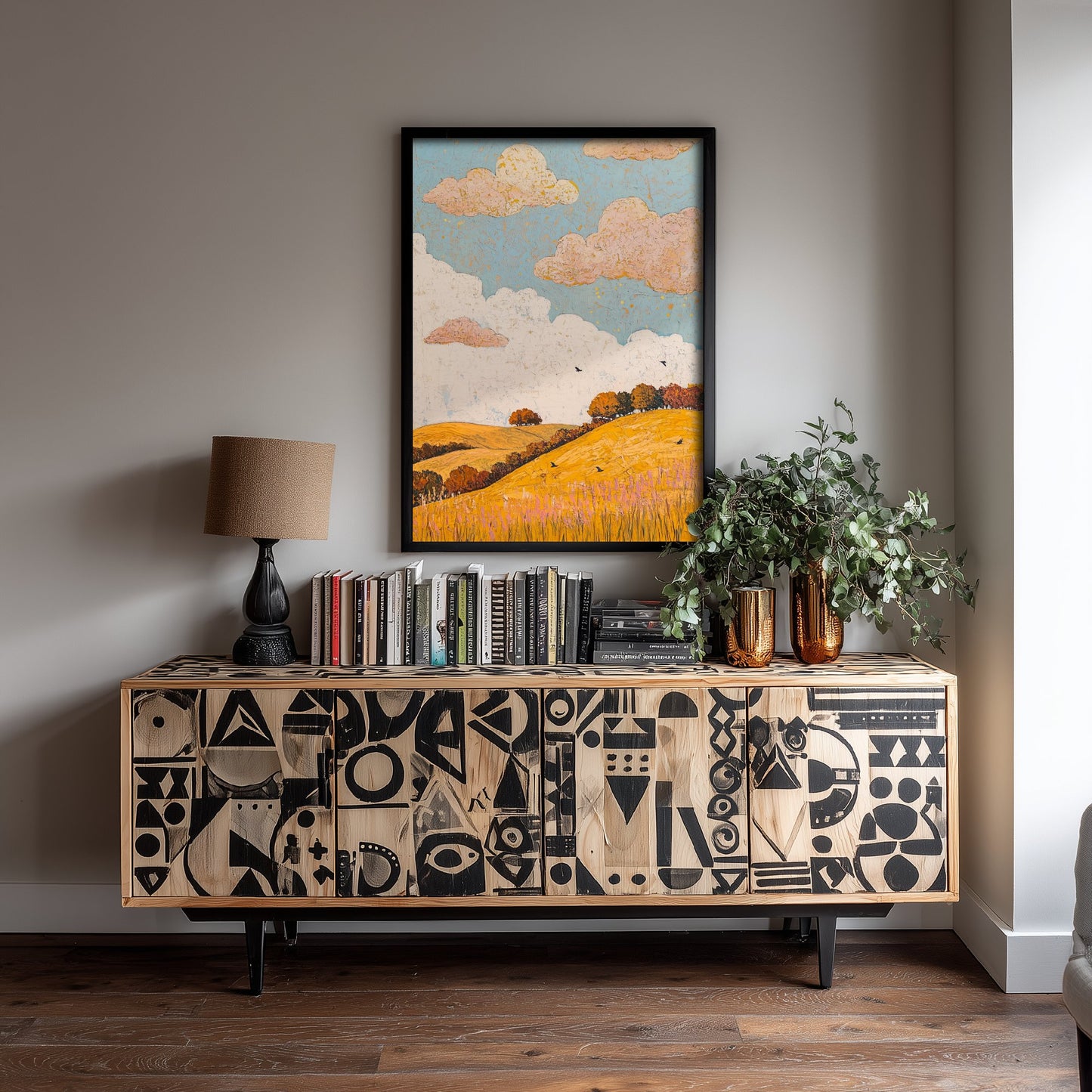 Rolling Hills Landscape Art Print - Butterfly Meadow Poster - Folk Art Painting - Beryl Gold and Cloud 3/3