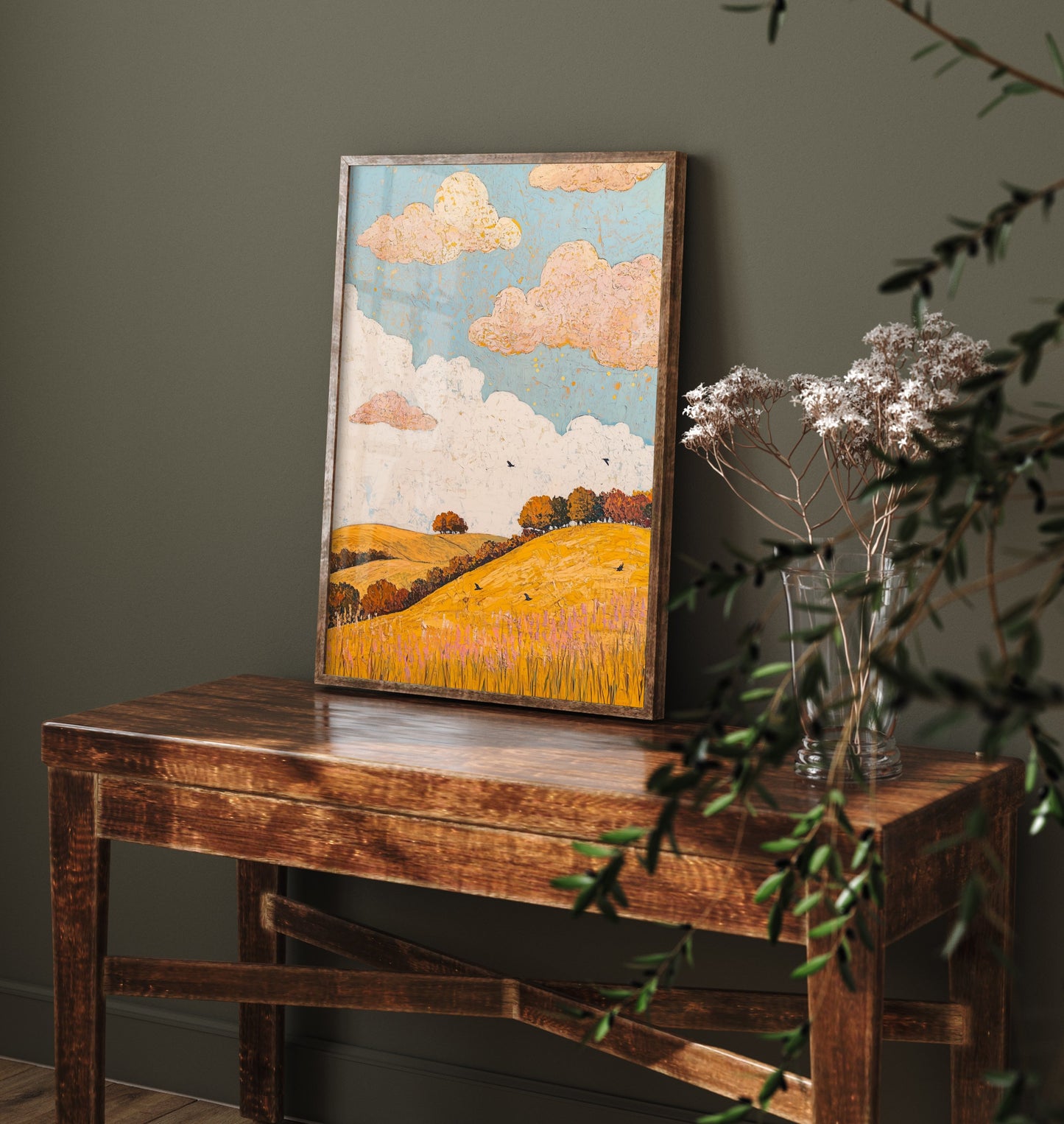 Rolling Hills Landscape Art Print - Butterfly Meadow Poster - Folk Art Painting - Beryl Gold and Cloud 3/3
