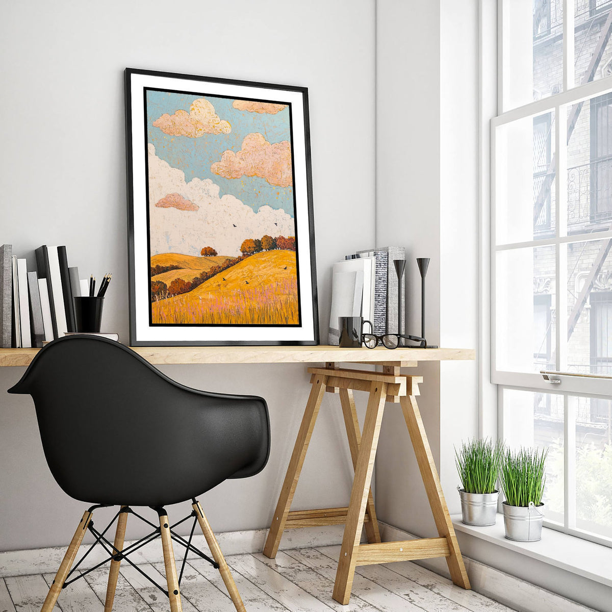 Rolling Hills Landscape Art Print - Butterfly Meadow Poster - Folk Art Painting - Beryl Gold and Cloud 3/3