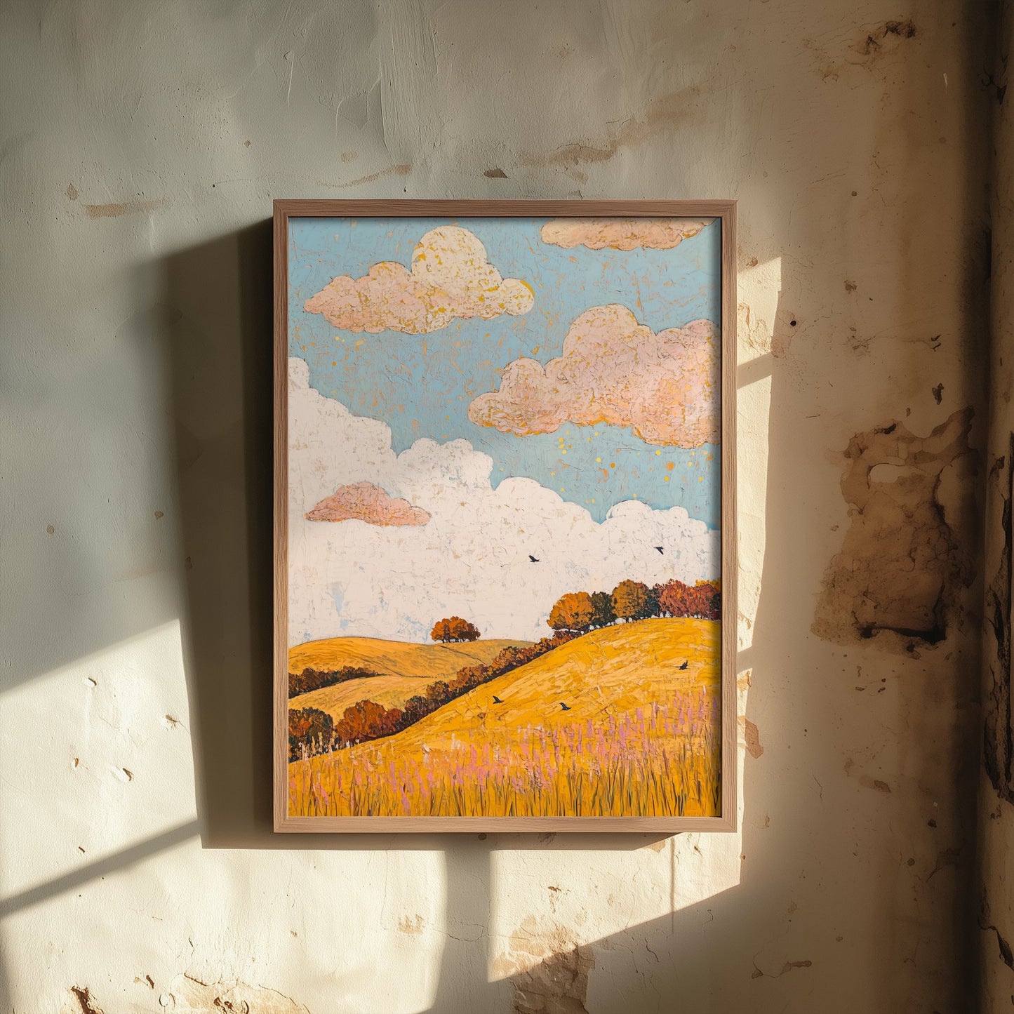 Rolling Hills Landscape Art Print - Butterfly Meadow Poster - Folk Art Painting - Beryl Gold and Cloud 3/3