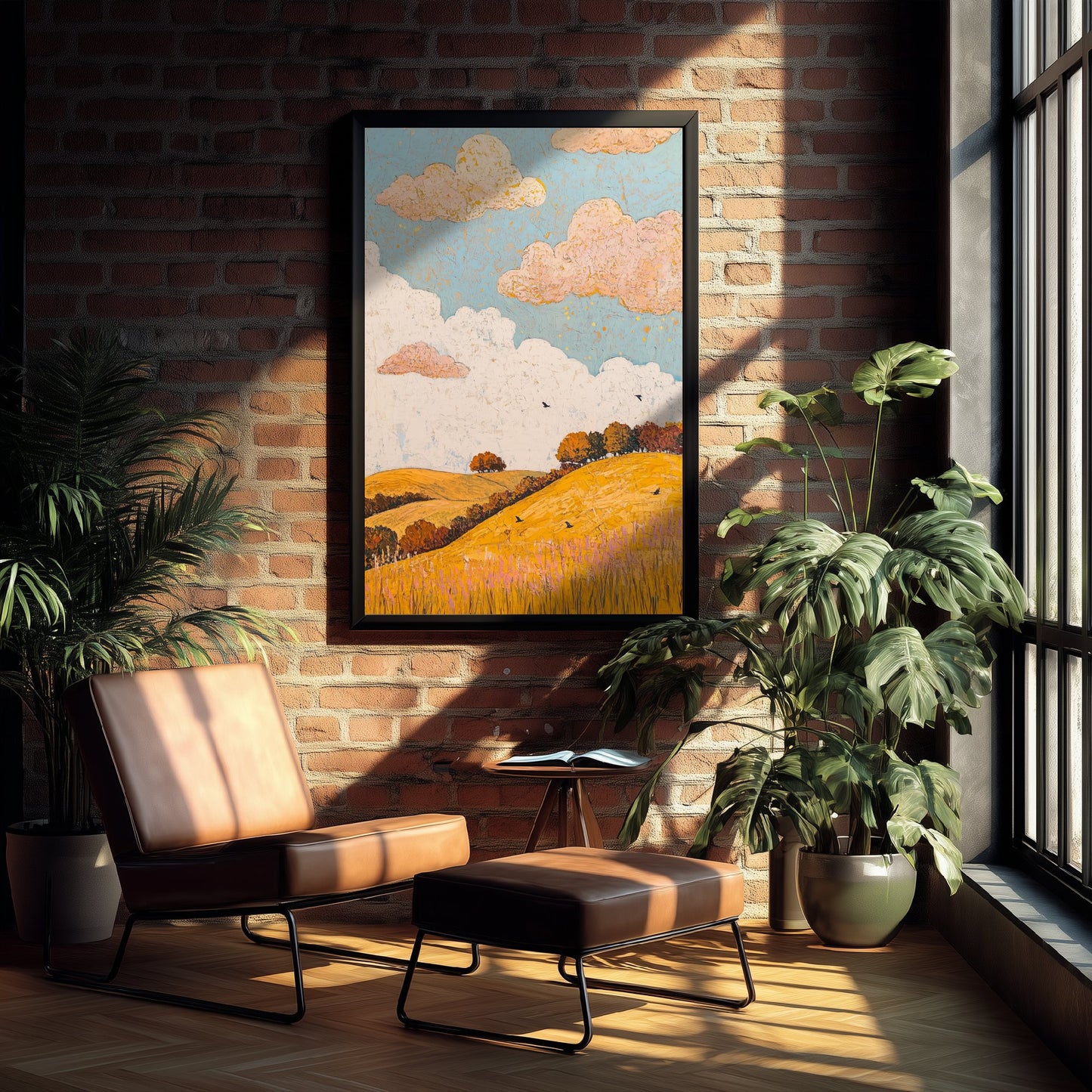 Rolling Hills Landscape Art Print - Butterfly Meadow Poster - Folk Art Painting - Beryl Gold and Cloud 3/3