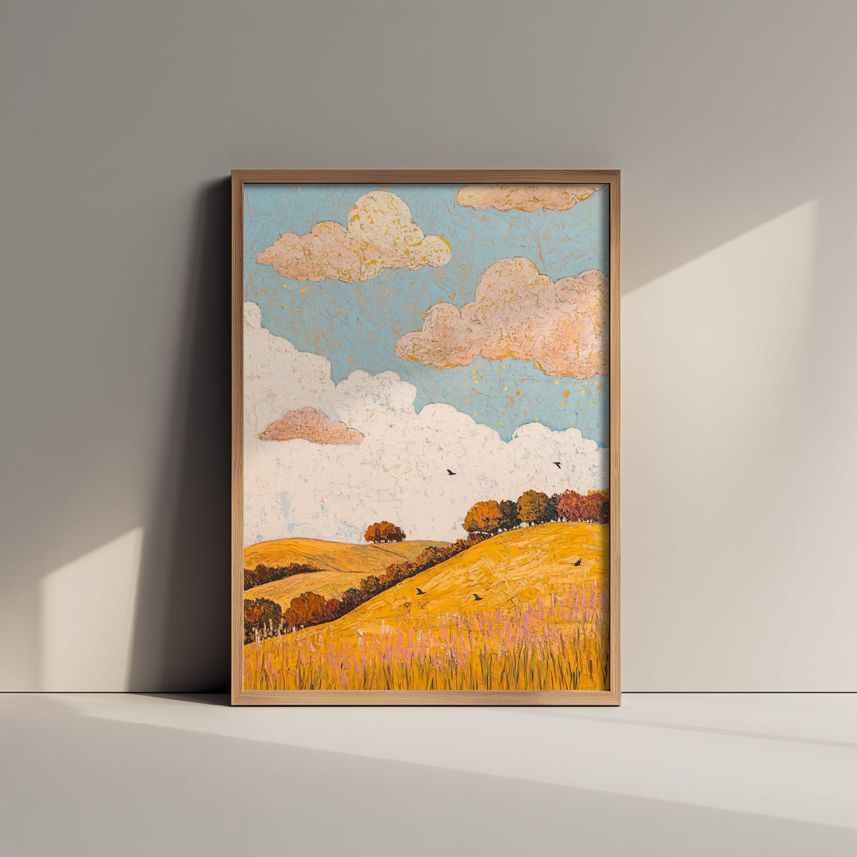 Rolling Hills Landscape Art Print - Butterfly Meadow Poster - Folk Art Painting - Beryl Gold and Cloud 3/3
