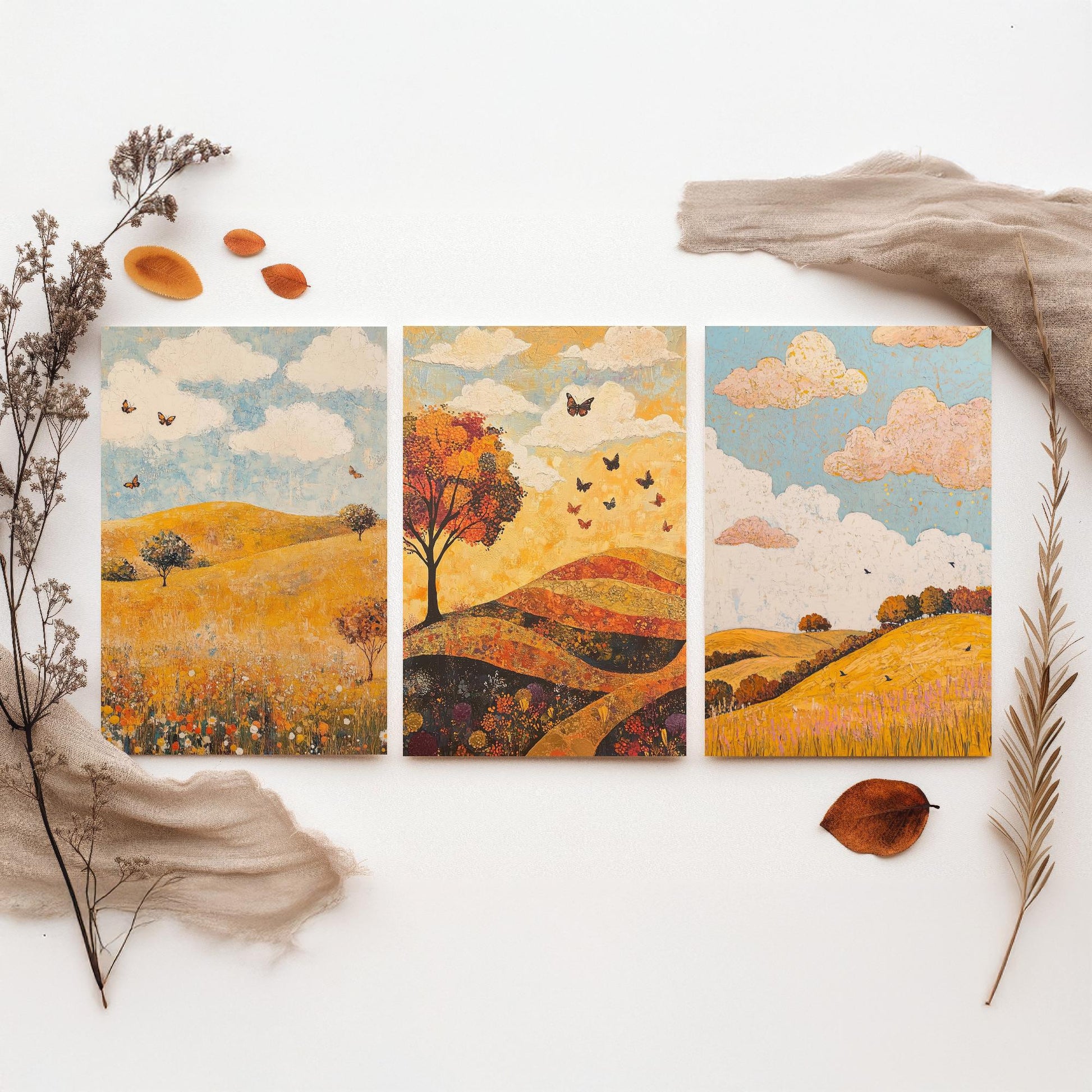 Rolling Hills Butterfly Set of Three Art Prints - Beryl Gold and Cloud - Folk Meadow Poster Illustration Gift