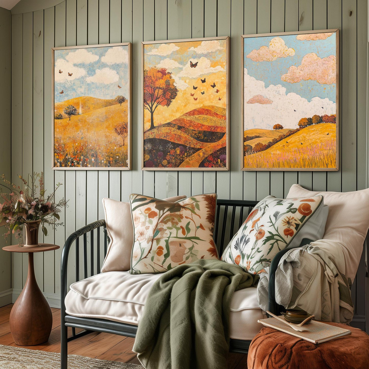 Rolling Hills Butterfly Set of Three Art Prints - Beryl Gold and Cloud - Folk Meadow Poster Illustration Gift