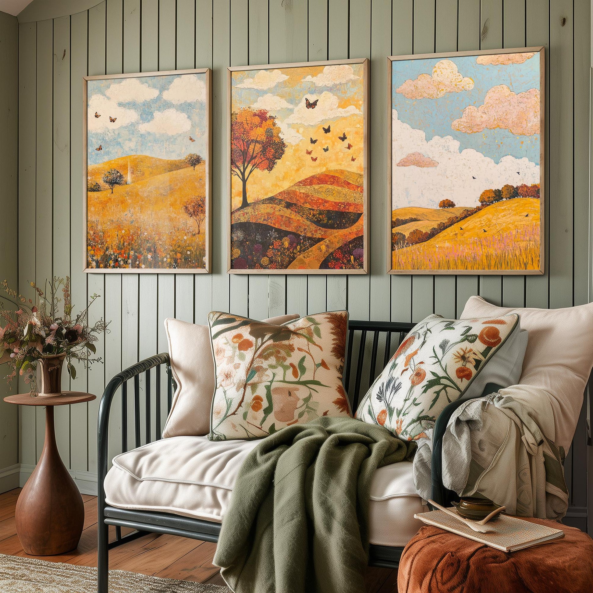 Rolling Hills Butterfly Set of Three Art Prints - Beryl Gold and Cloud - Folk Meadow Poster Illustration Gift