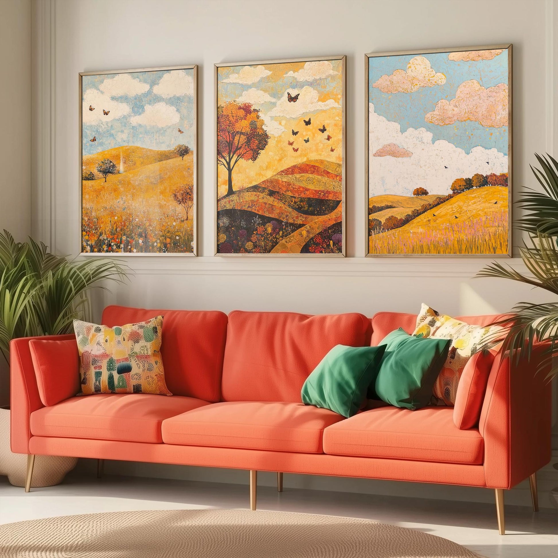Rolling Hills Butterfly Set of Three Art Prints - Beryl Gold and Cloud - Folk Meadow Poster Illustration Gift