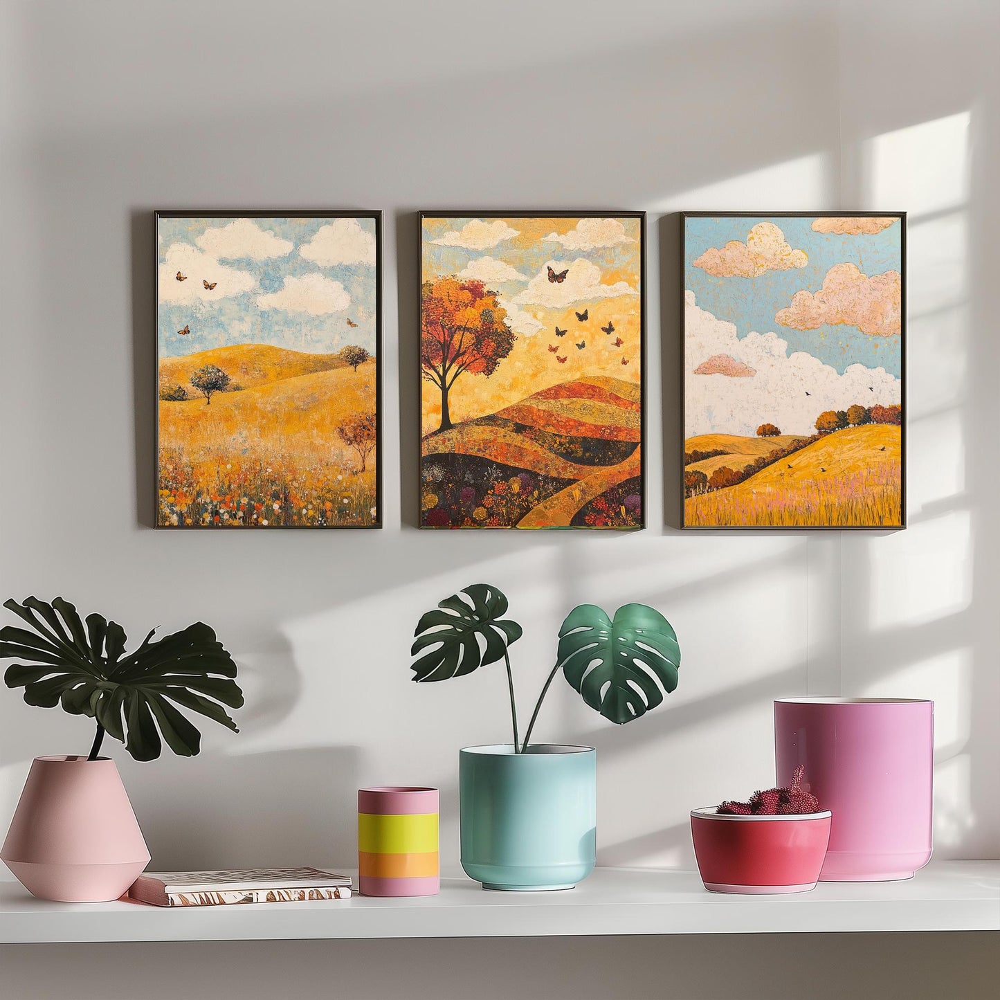 Rolling Hills Butterfly Set of Three Art Prints - Beryl Gold and Cloud - Folk Meadow Poster Illustration Gift