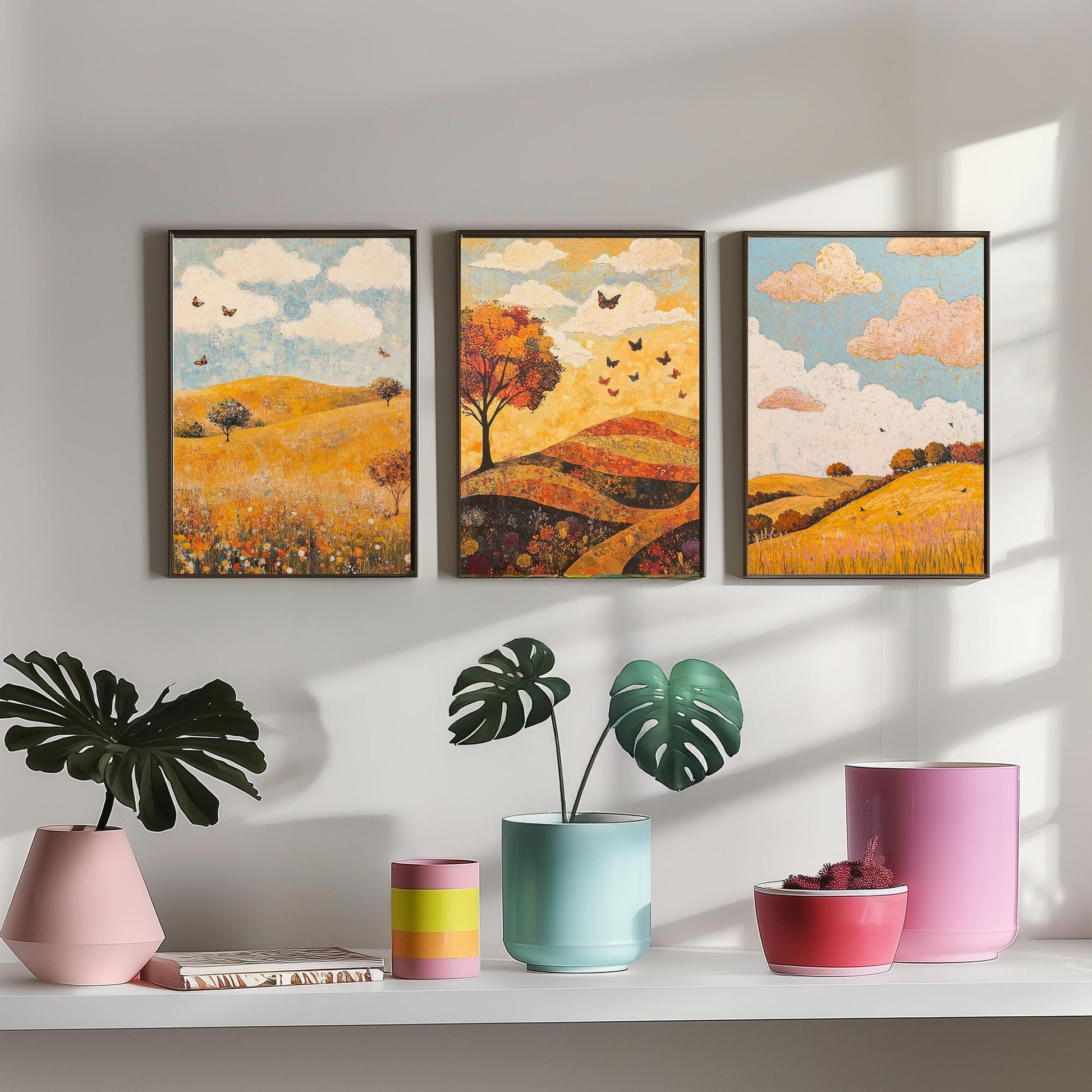 Rolling Hills Butterfly Set of Three Art Prints - Beryl Gold and Cloud - Folk Meadow Poster Illustration Gift