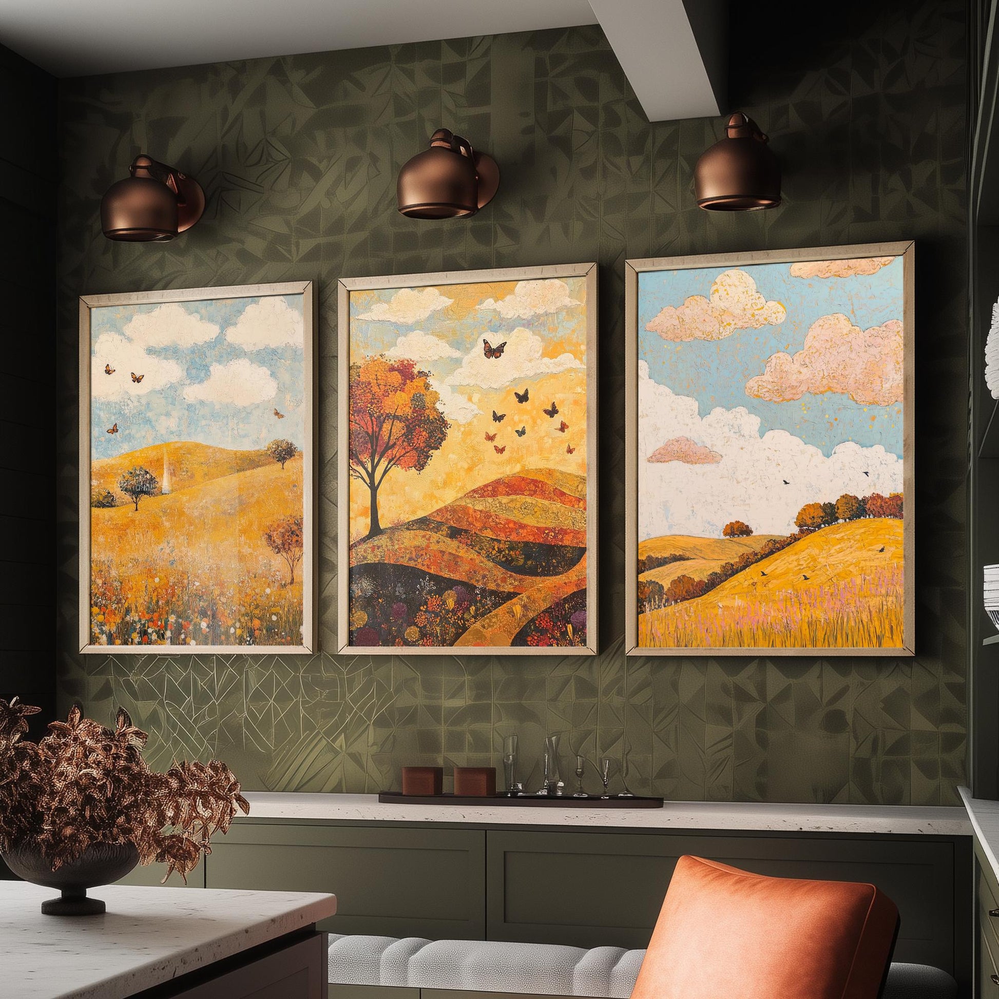 Rolling Hills Butterfly Set of Three Art Prints - Beryl Gold and Cloud - Folk Meadow Poster Illustration Gift