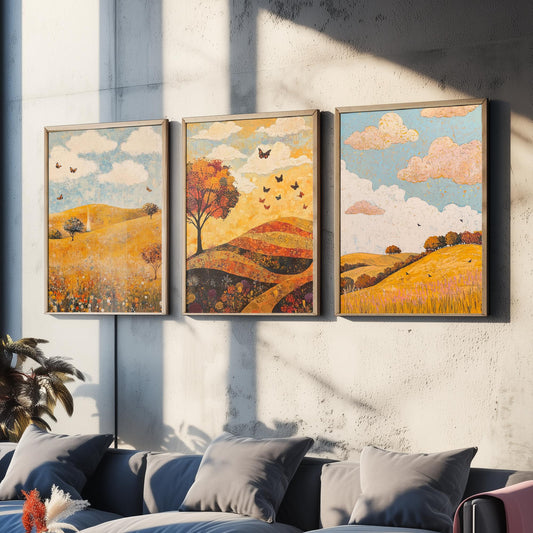 Rolling Hills Butterfly Set of Three Art Prints - Beryl Gold and Cloud - Folk Meadow Poster Illustration Gift