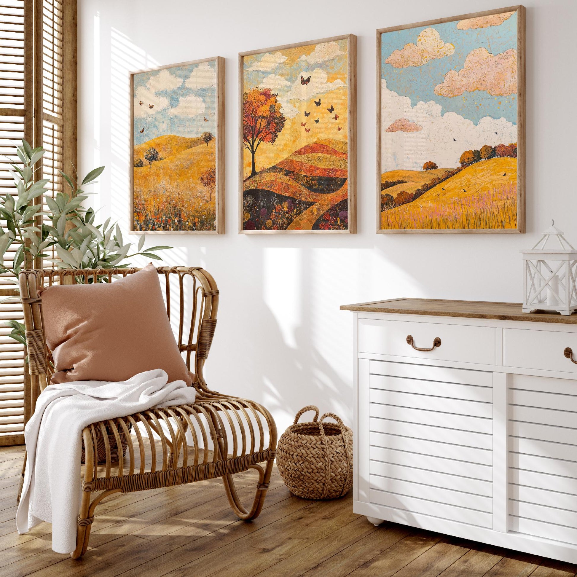 Rolling Hills Butterfly Set of Three Art Prints - Beryl Gold and Cloud - Folk Meadow Poster Illustration Gift