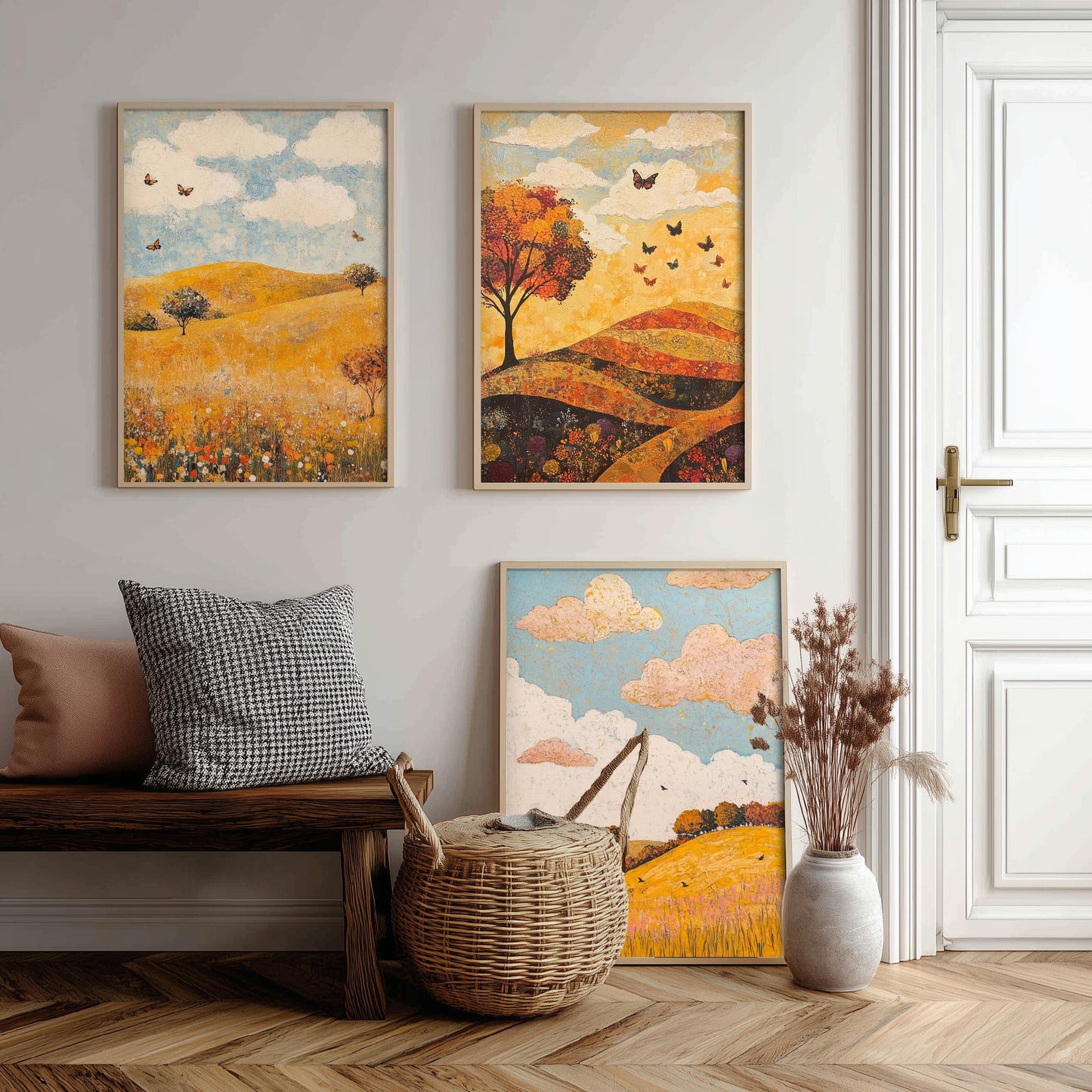 Rolling Hills Butterfly Set of Three Art Prints - Beryl Gold and Cloud - Folk Meadow Poster Illustration Gift