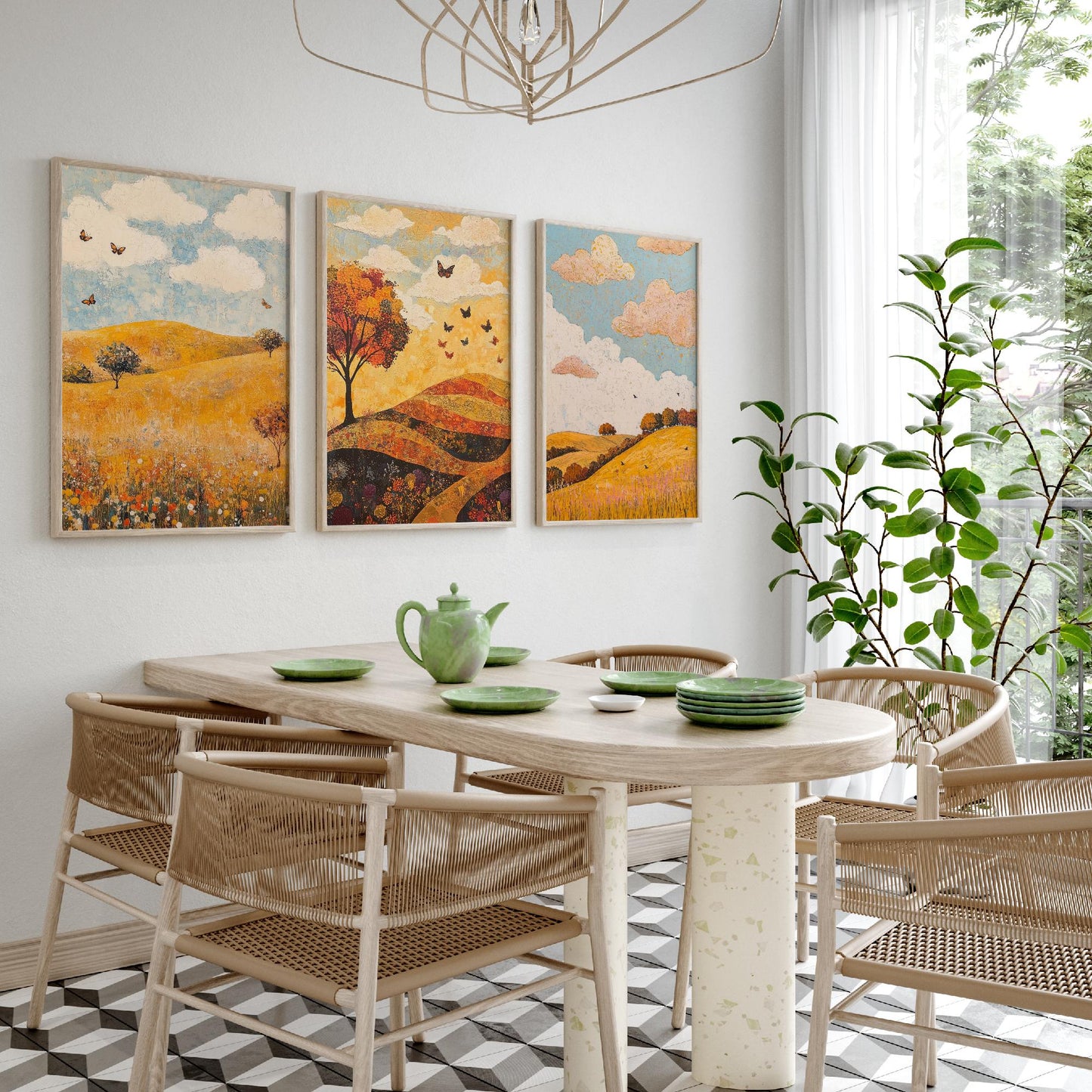 Rolling Hills Butterfly Set of Three Art Prints - Beryl Gold and Cloud - Folk Meadow Poster Illustration Gift