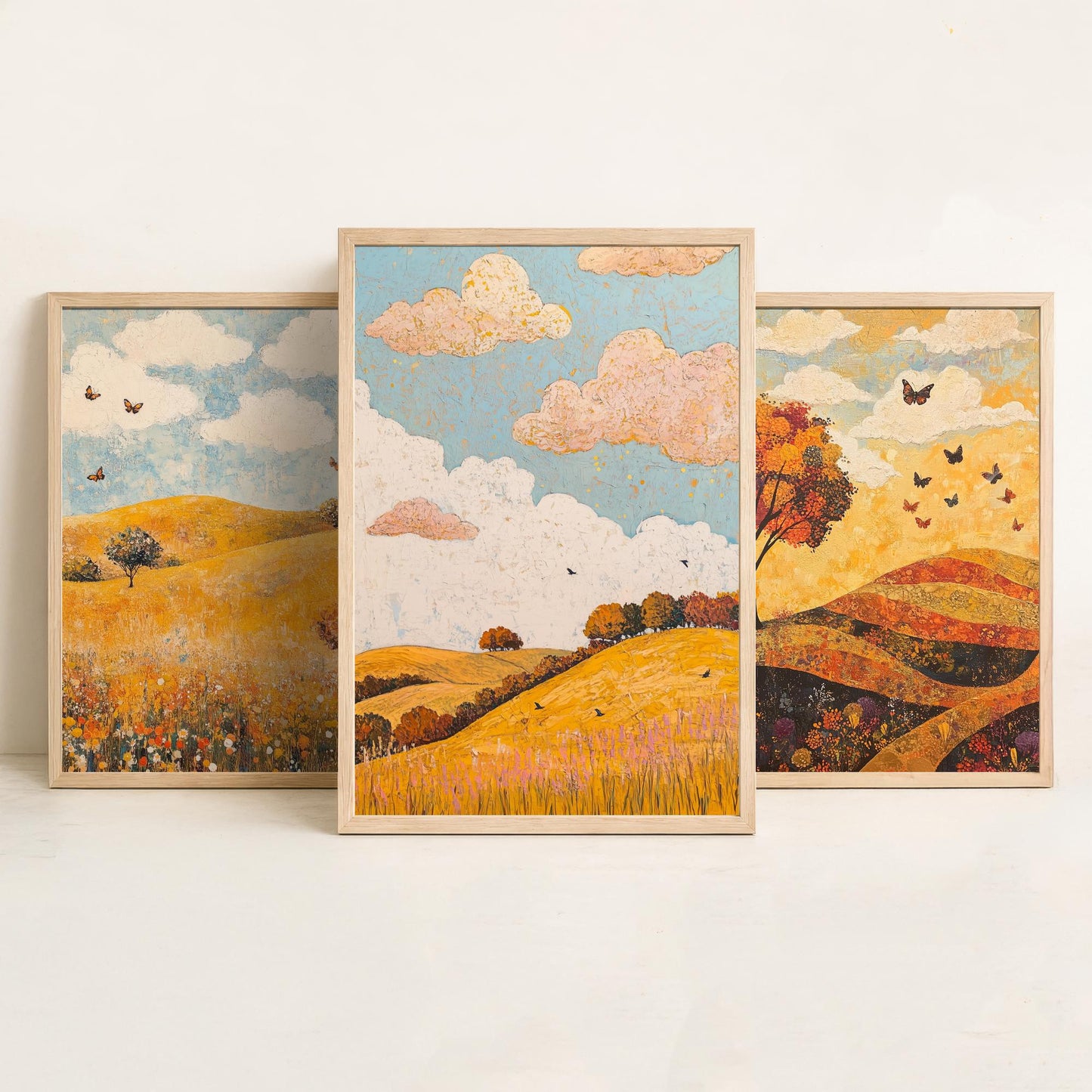 Rolling Hills Butterfly Set of Three Art Prints - Beryl Gold and Cloud - Folk Meadow Poster Illustration Gift