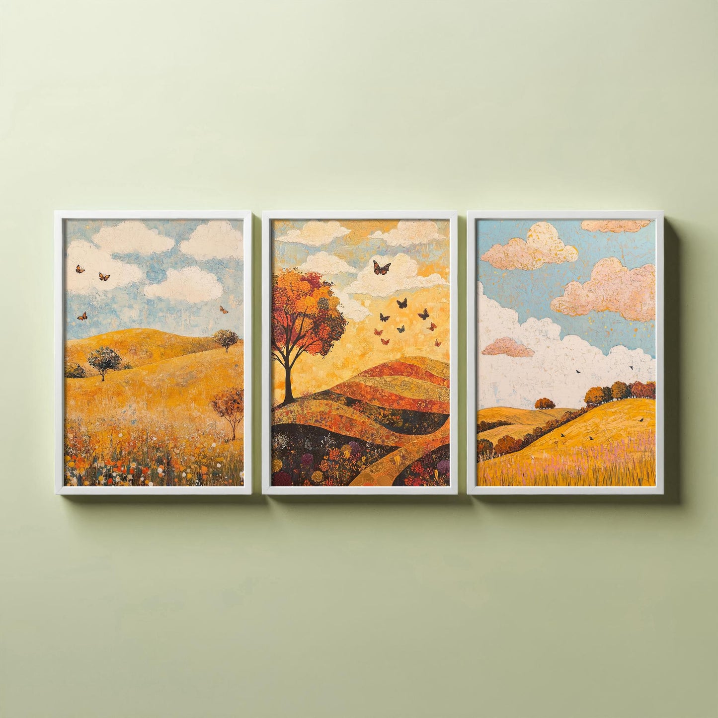 Rolling Hills Butterfly Set of Three Art Prints - Beryl Gold and Cloud - Folk Meadow Poster Illustration Gift