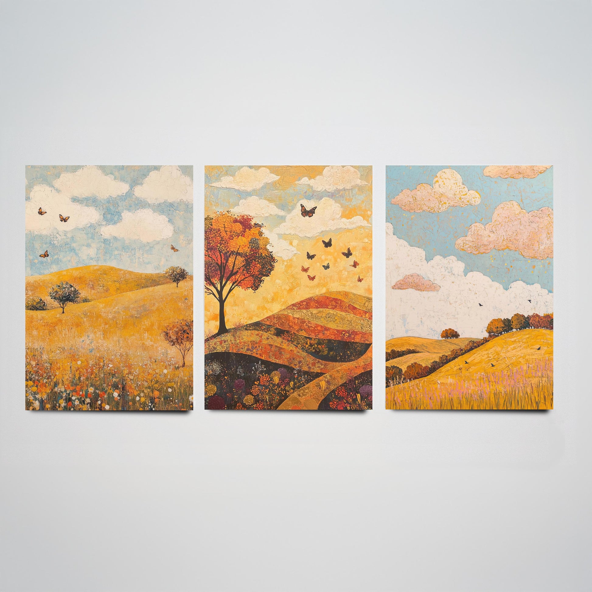 Rolling Hills Butterfly Set of Three Art Prints - Beryl Gold and Cloud - Folk Meadow Poster Illustration Gift