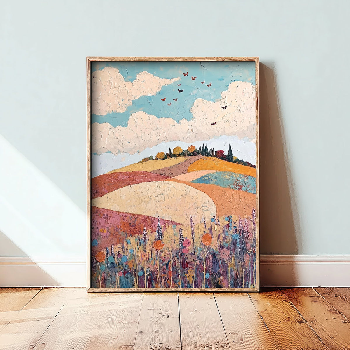 Rolling Hills Landscape Art Print - Butterfly Meadow Poster - Folk Art Painting - Biscotti Burgundy and Sky 1/3
