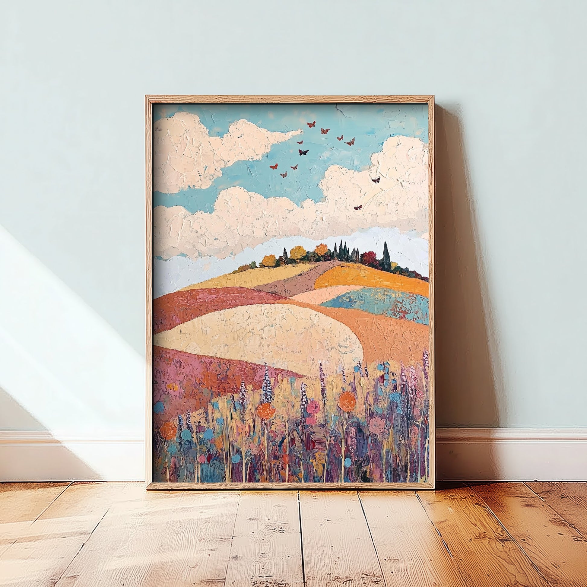 Rolling Hills Landscape Art Print - Butterfly Meadow Poster - Folk Art Painting - Biscotti Burgundy and Sky 1/3