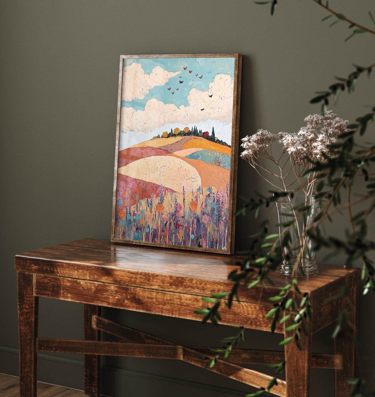 Rolling Hills Landscape Art Print - Butterfly Meadow Poster - Folk Art Painting - Biscotti Burgundy and Sky 1/3