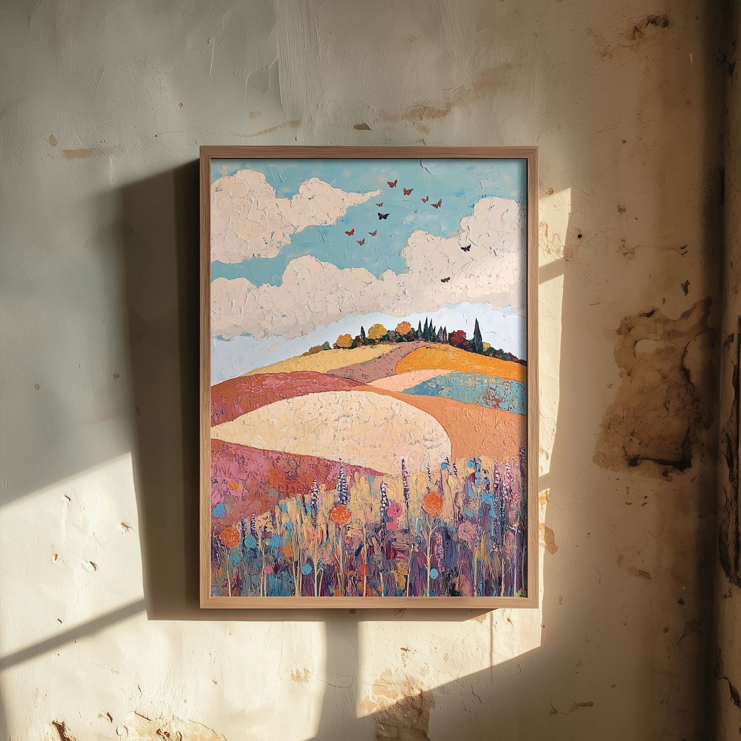 Rolling Hills Landscape Art Print - Butterfly Meadow Poster - Folk Art Painting - Biscotti Burgundy and Sky 1/3