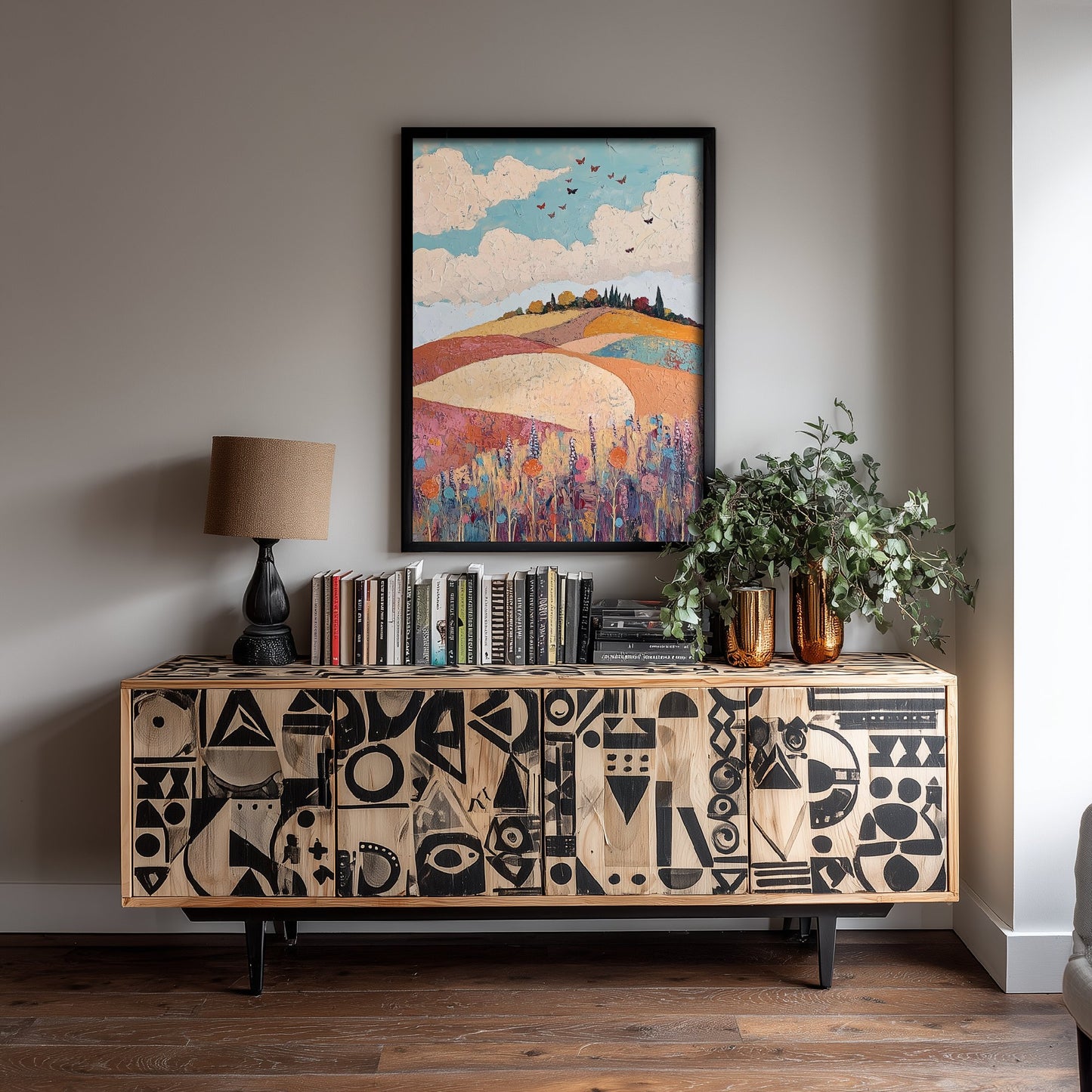 Rolling Hills Landscape Art Print - Butterfly Meadow Poster - Folk Art Painting - Biscotti Burgundy and Sky 1/3