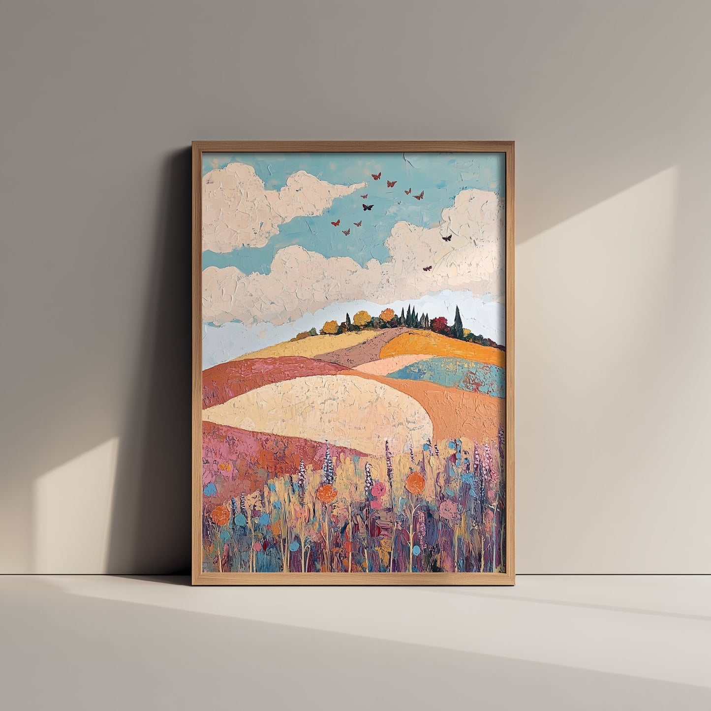 Rolling Hills Landscape Art Print - Butterfly Meadow Poster - Folk Art Painting - Biscotti Burgundy and Sky 1/3