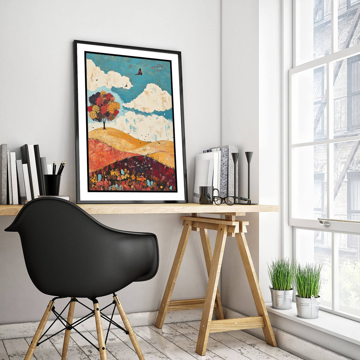 Rolling Hills Landscape Art Print - Butterfly Meadow Poster - Folk Art Painting - Biscotti Burgundy and Sky 2/3