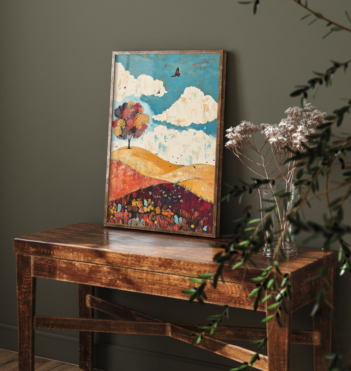 Rolling Hills Landscape Art Print - Butterfly Meadow Poster - Folk Art Painting - Biscotti Burgundy and Sky 2/3
