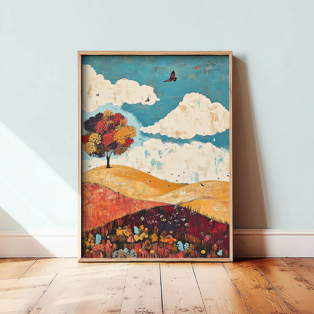 Rolling Hills Landscape Art Print - Butterfly Meadow Poster - Folk Art Painting - Biscotti Burgundy and Sky 2/3