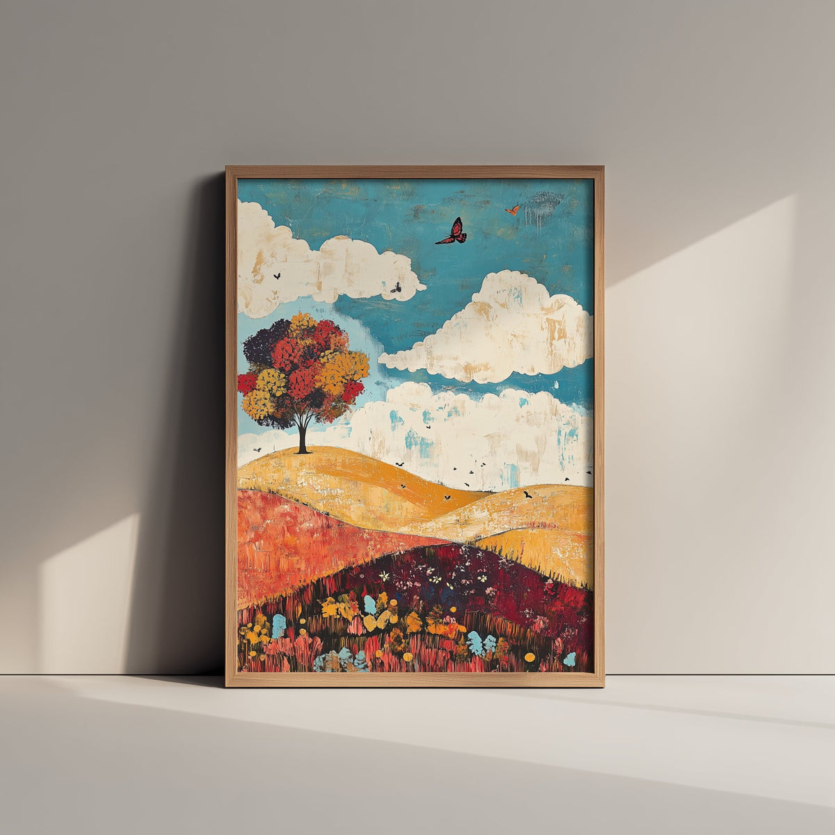 Rolling Hills Landscape Art Print - Butterfly Meadow Poster - Folk Art Painting - Biscotti Burgundy and Sky 2/3