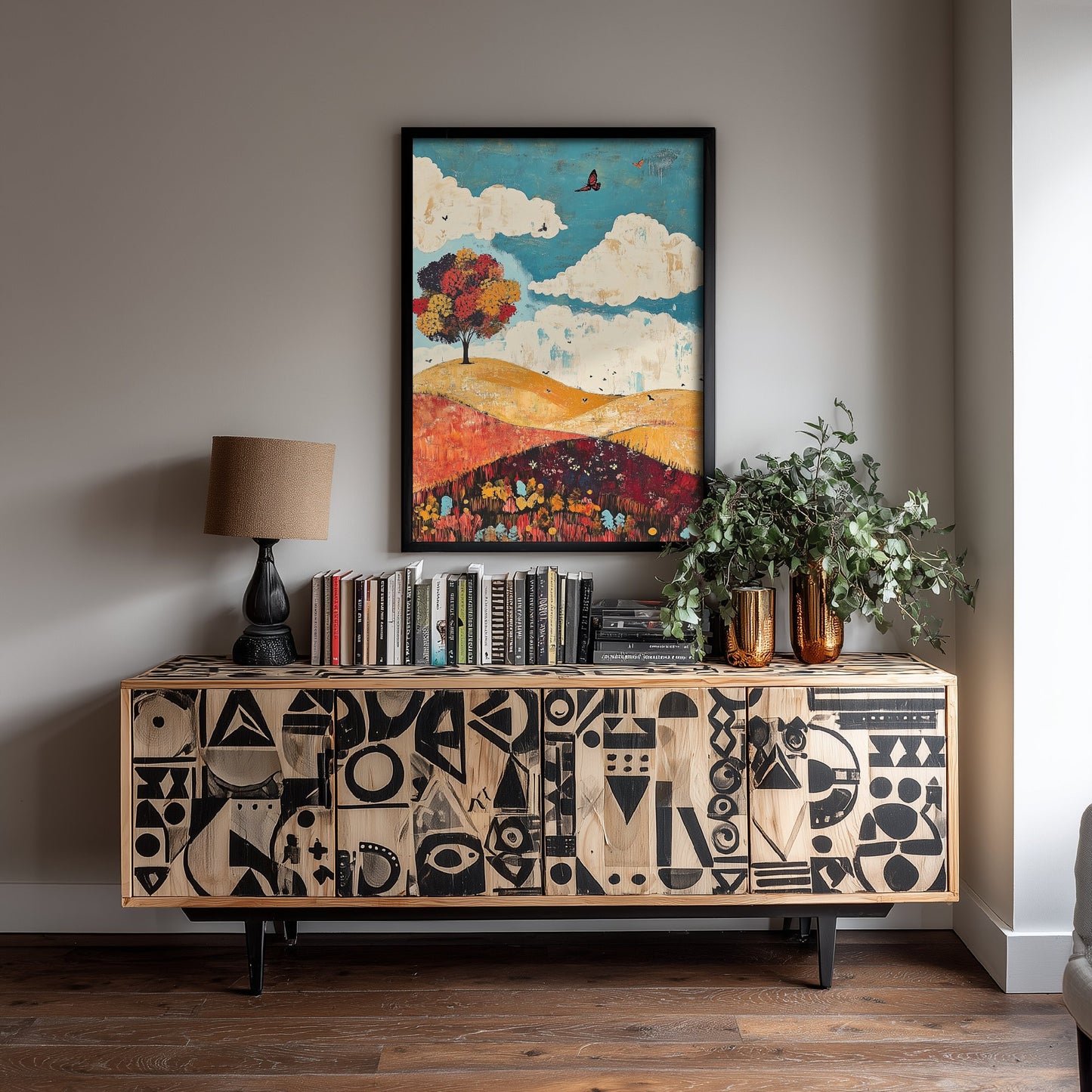 Rolling Hills Landscape Art Print - Butterfly Meadow Poster - Folk Art Painting - Biscotti Burgundy and Sky 2/3