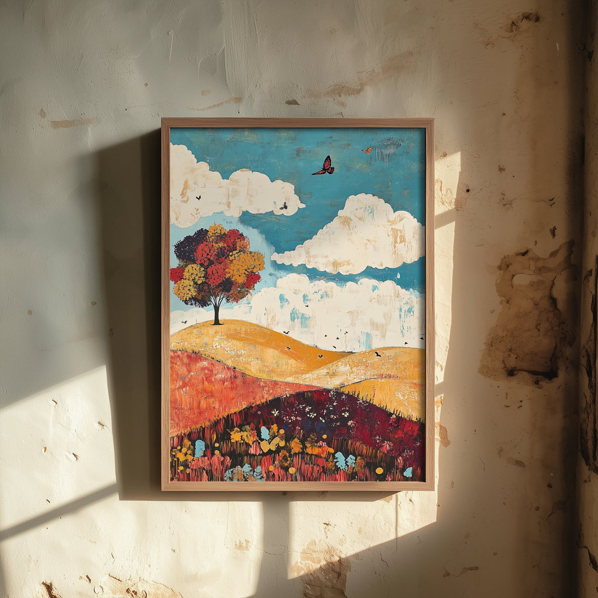 Rolling Hills Landscape Art Print - Butterfly Meadow Poster - Folk Art Painting - Biscotti Burgundy and Sky 2/3