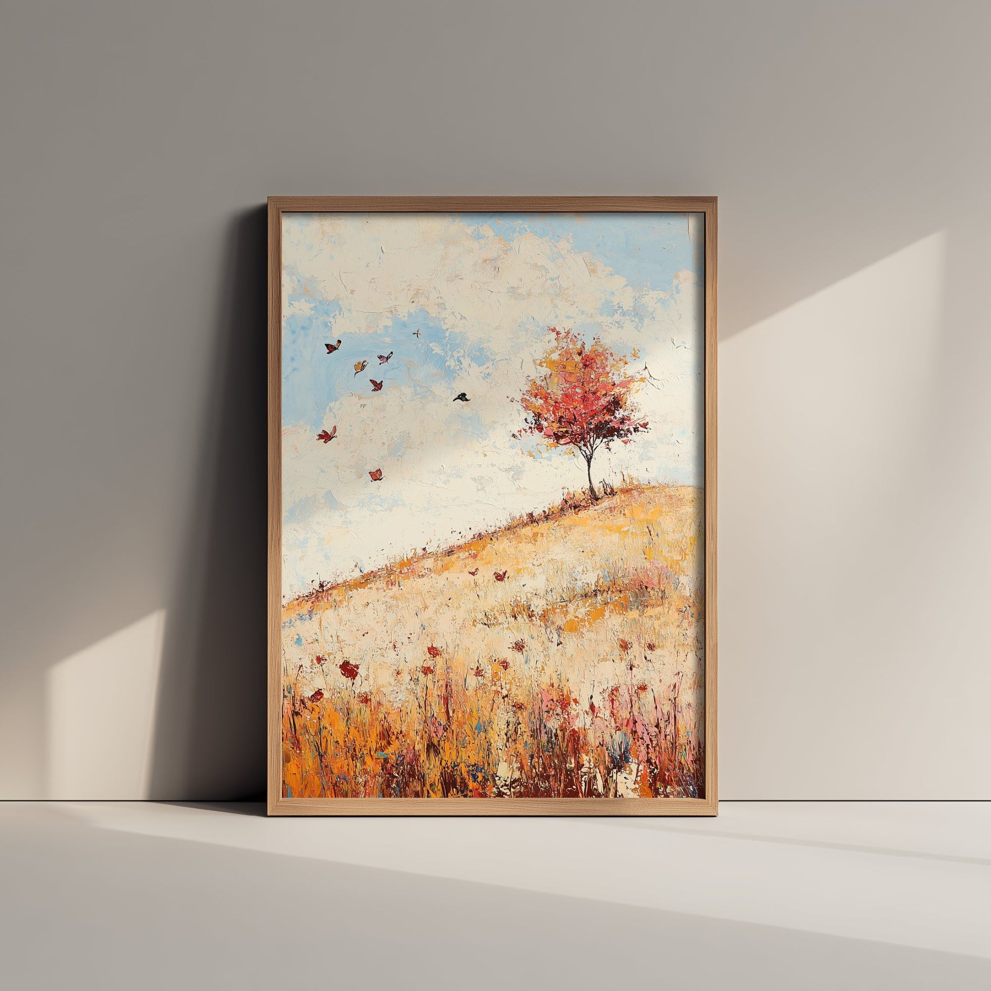 Rolling Hills Landscape Art Print - Butterfly Meadow Poster - Folk Art Painting - Biscotti Burgundy and Sky 3/3