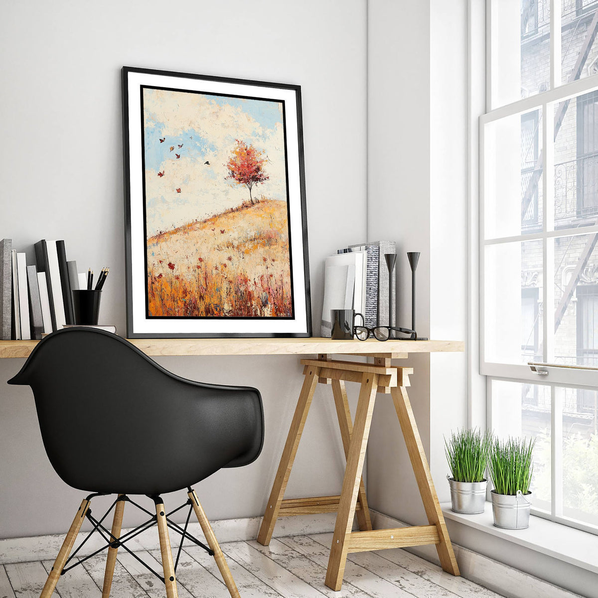 Rolling Hills Landscape Art Print - Butterfly Meadow Poster - Folk Art Painting - Biscotti Burgundy and Sky 3/3