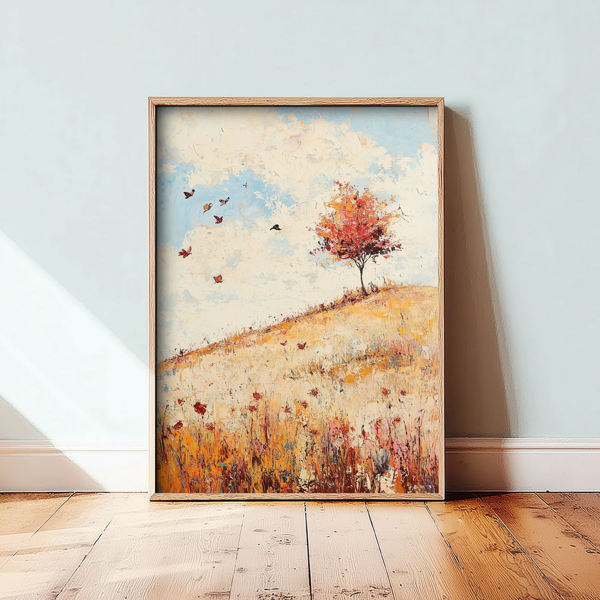 Rolling Hills Landscape Art Print - Butterfly Meadow Poster - Folk Art Painting - Biscotti Burgundy and Sky 3/3