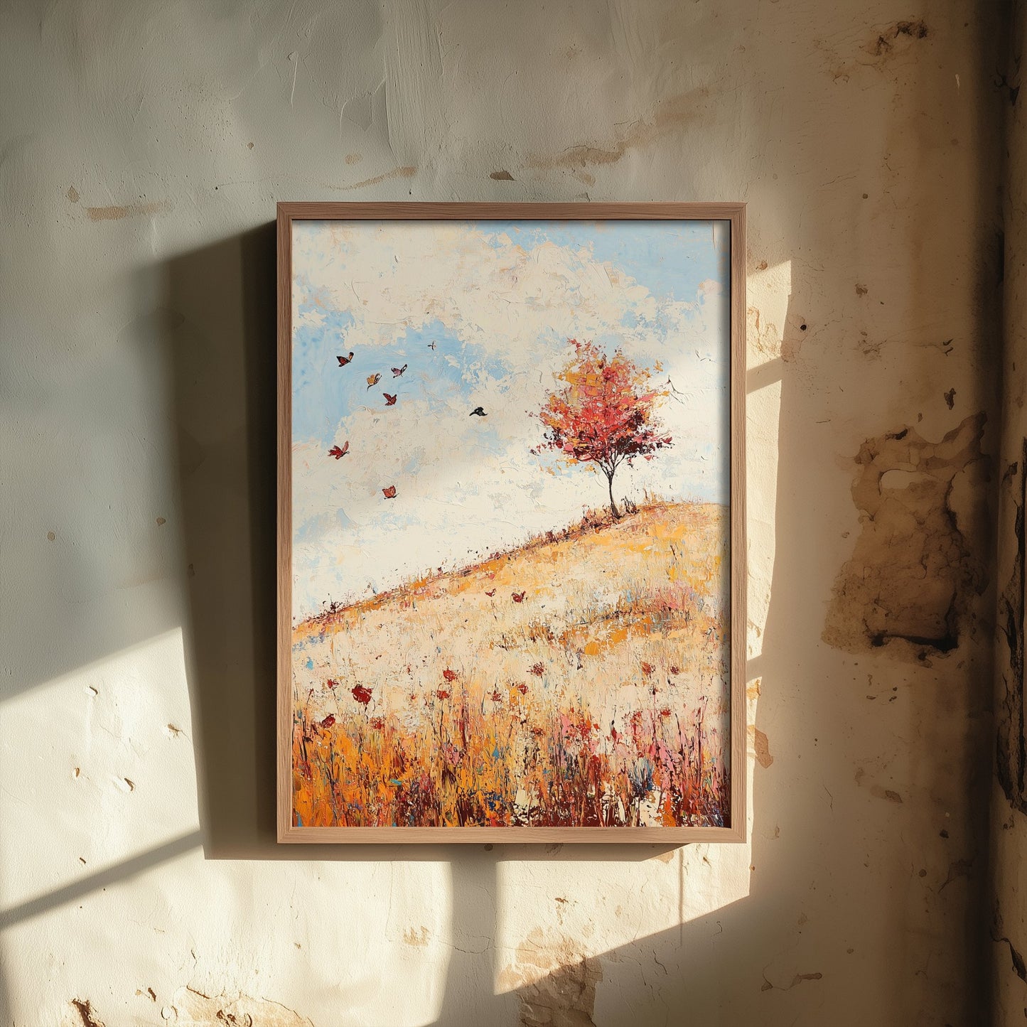 Rolling Hills Landscape Art Print - Butterfly Meadow Poster - Folk Art Painting - Biscotti Burgundy and Sky 3/3