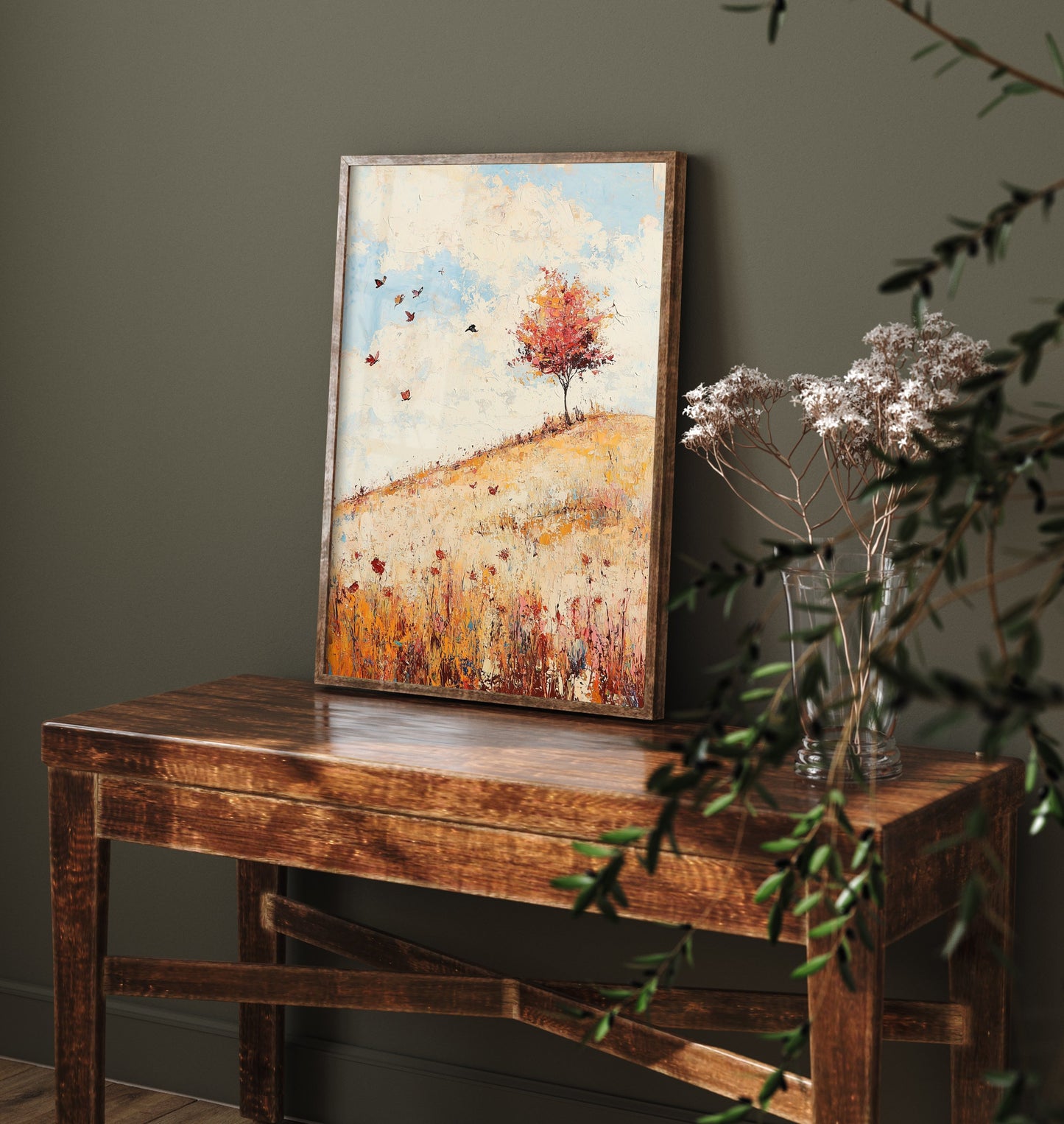 Rolling Hills Landscape Art Print - Butterfly Meadow Poster - Folk Art Painting - Biscotti Burgundy and Sky 3/3