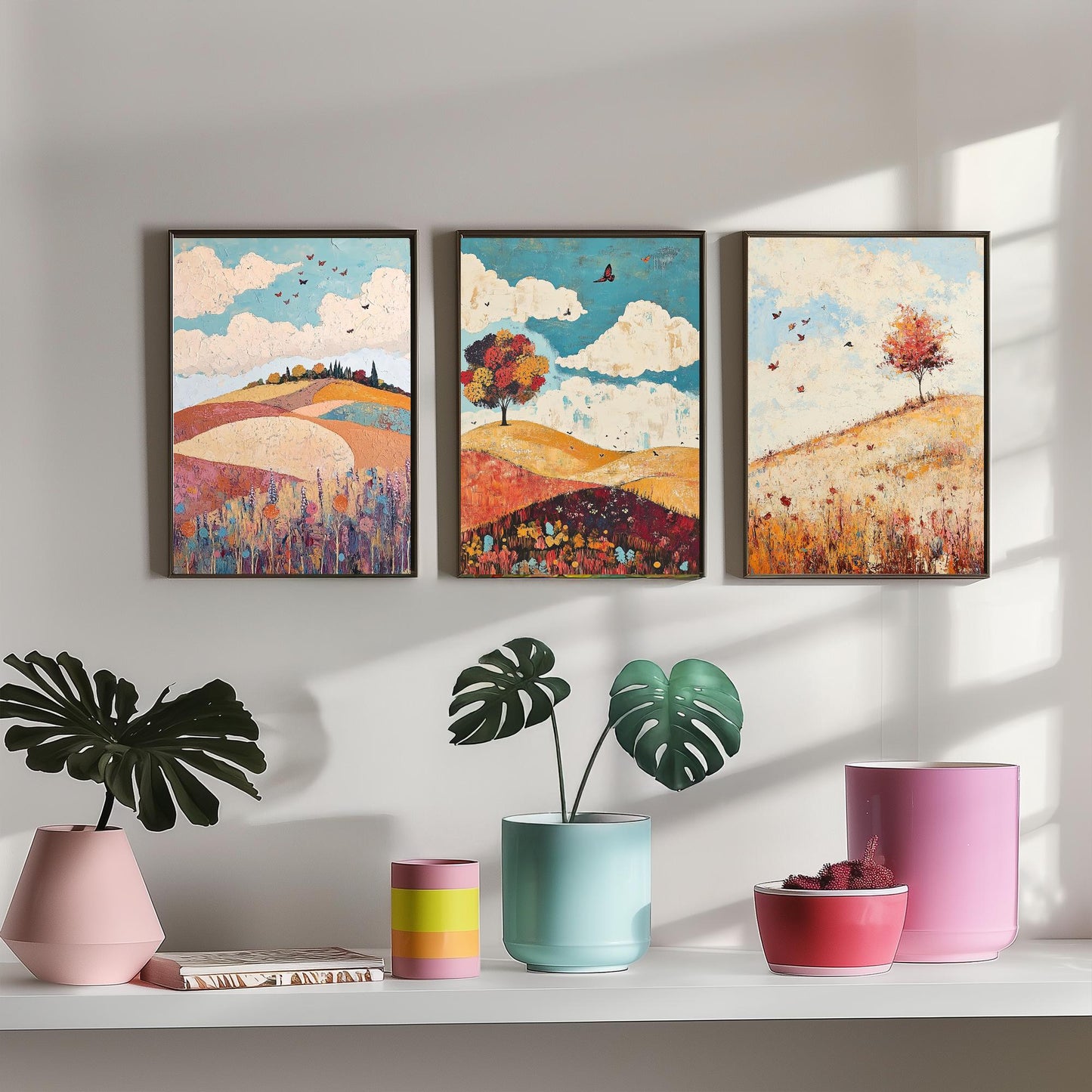 Rolling Hills Butterfly Set of Three Art Prints - Biscotti Burgundy and Sky - Folk Meadow Poster Illustration Gift