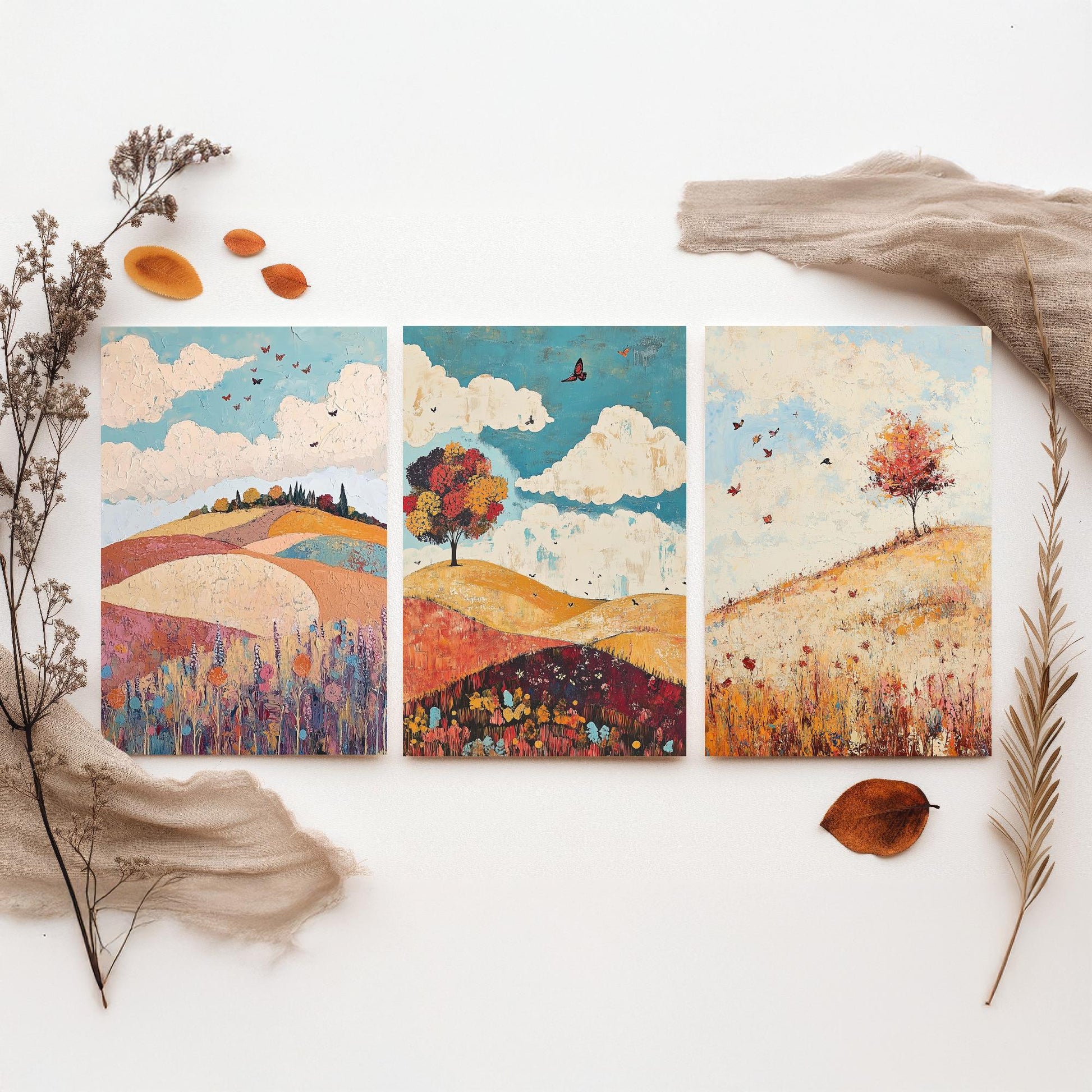 Rolling Hills Butterfly Set of Three Art Prints - Biscotti Burgundy and Sky - Folk Meadow Poster Illustration Gift