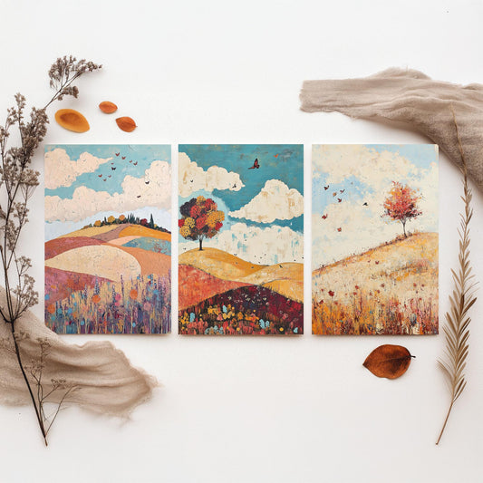 Rolling Hills Butterfly Set of Three Art Prints - Biscotti Burgundy and Sky - Folk Meadow Poster Illustration Gift