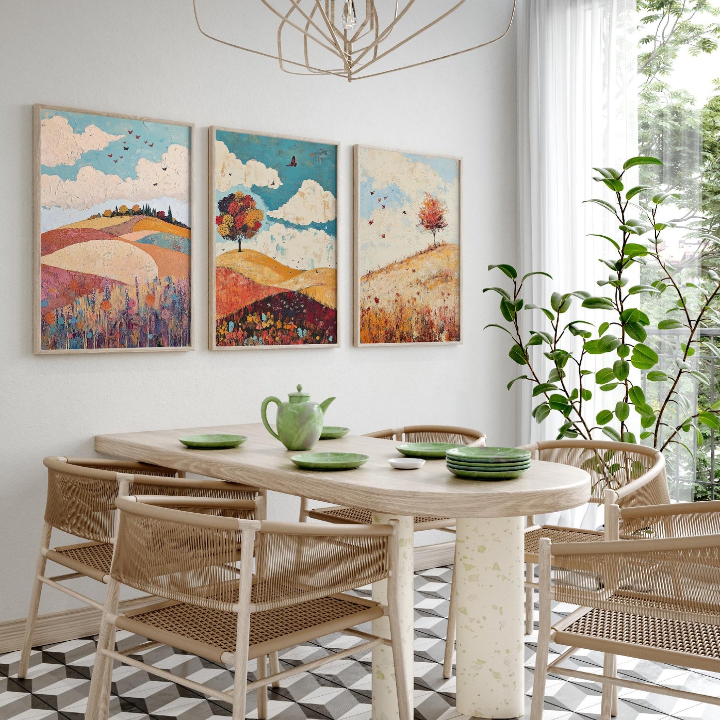 Rolling Hills Butterfly Set of Three Art Prints - Biscotti Burgundy and Sky - Folk Meadow Poster Illustration Gift
