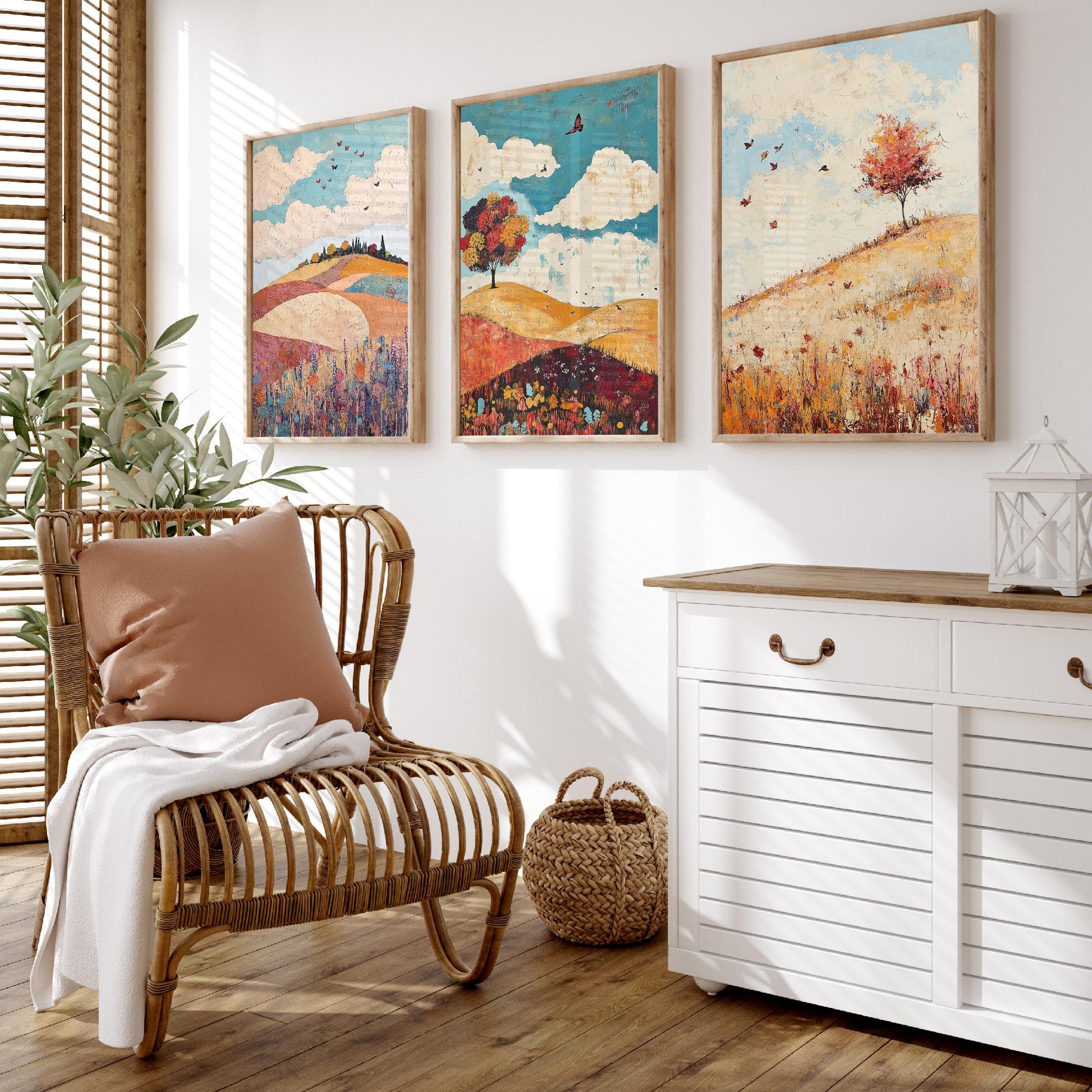 Rolling Hills Butterfly Set of Three Art Prints - Biscotti Burgundy and Sky - Folk Meadow Poster Illustration Gift