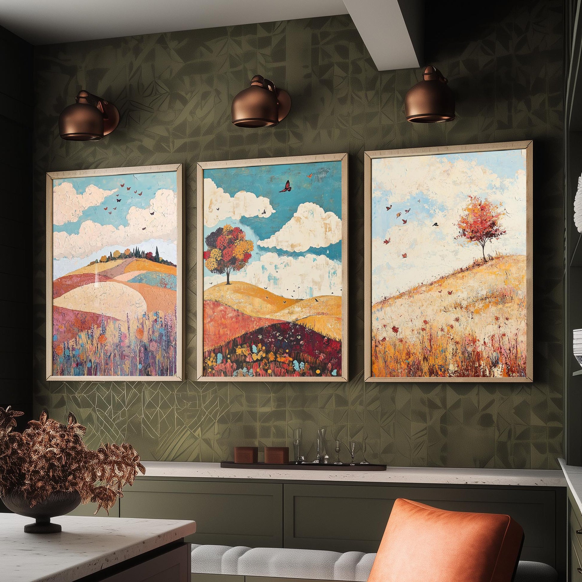 Rolling Hills Butterfly Set of Three Art Prints - Biscotti Burgundy and Sky - Folk Meadow Poster Illustration Gift