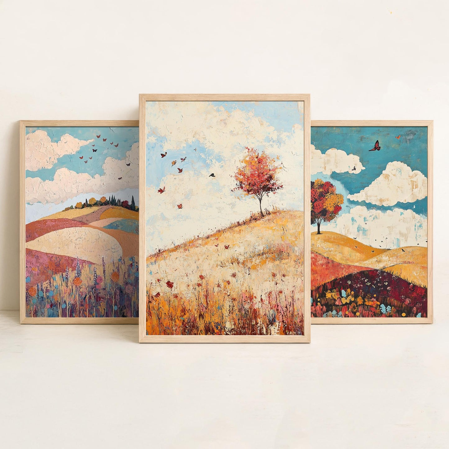 Rolling Hills Butterfly Set of Three Art Prints - Biscotti Burgundy and Sky - Folk Meadow Poster Illustration Gift