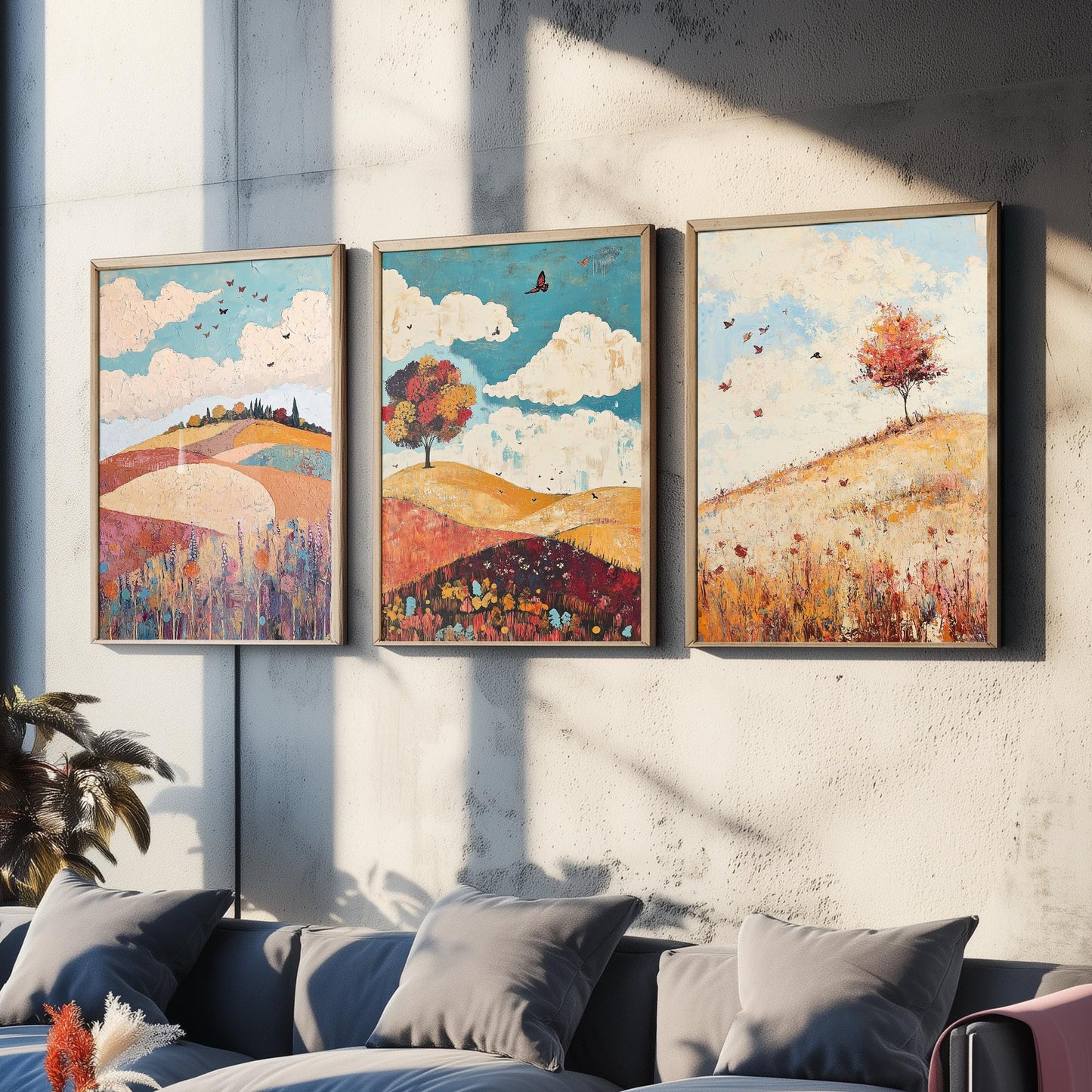 Rolling Hills Butterfly Set of Three Art Prints - Biscotti Burgundy and Sky - Folk Meadow Poster Illustration Gift