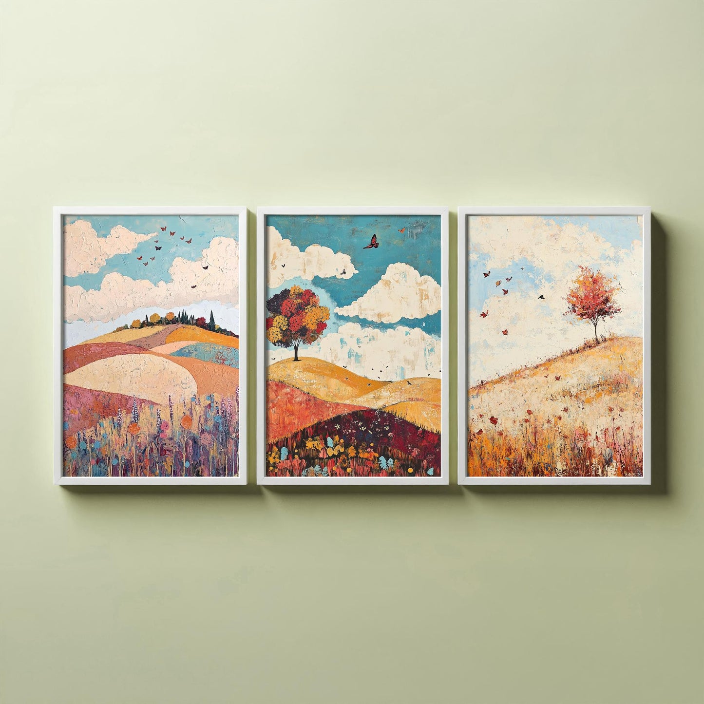 Rolling Hills Butterfly Set of Three Art Prints - Biscotti Burgundy and Sky - Folk Meadow Poster Illustration Gift