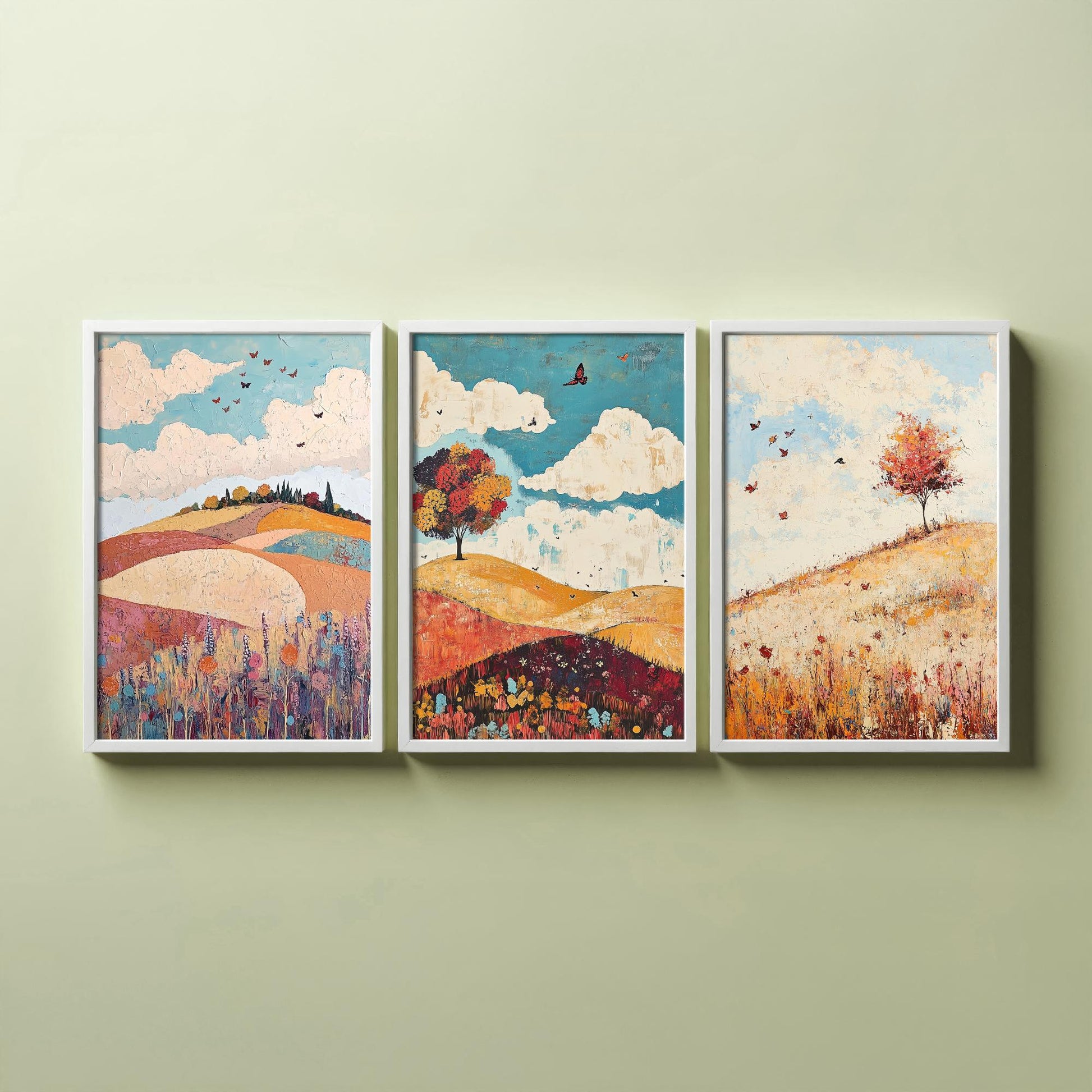 Rolling Hills Butterfly Set of Three Art Prints - Biscotti Burgundy and Sky - Folk Meadow Poster Illustration Gift