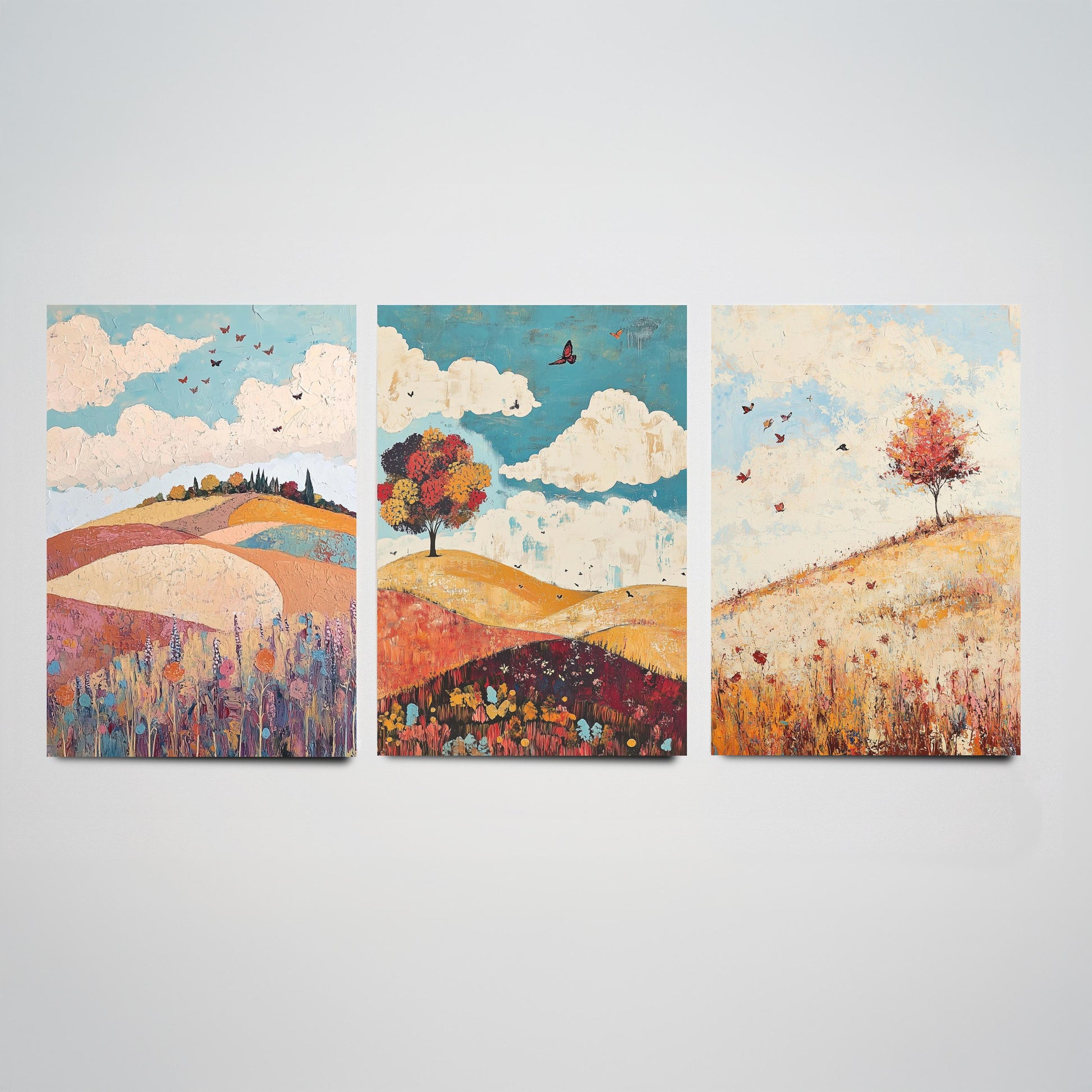 Rolling Hills Butterfly Set of Three Art Prints - Biscotti Burgundy and Sky - Folk Meadow Poster Illustration Gift