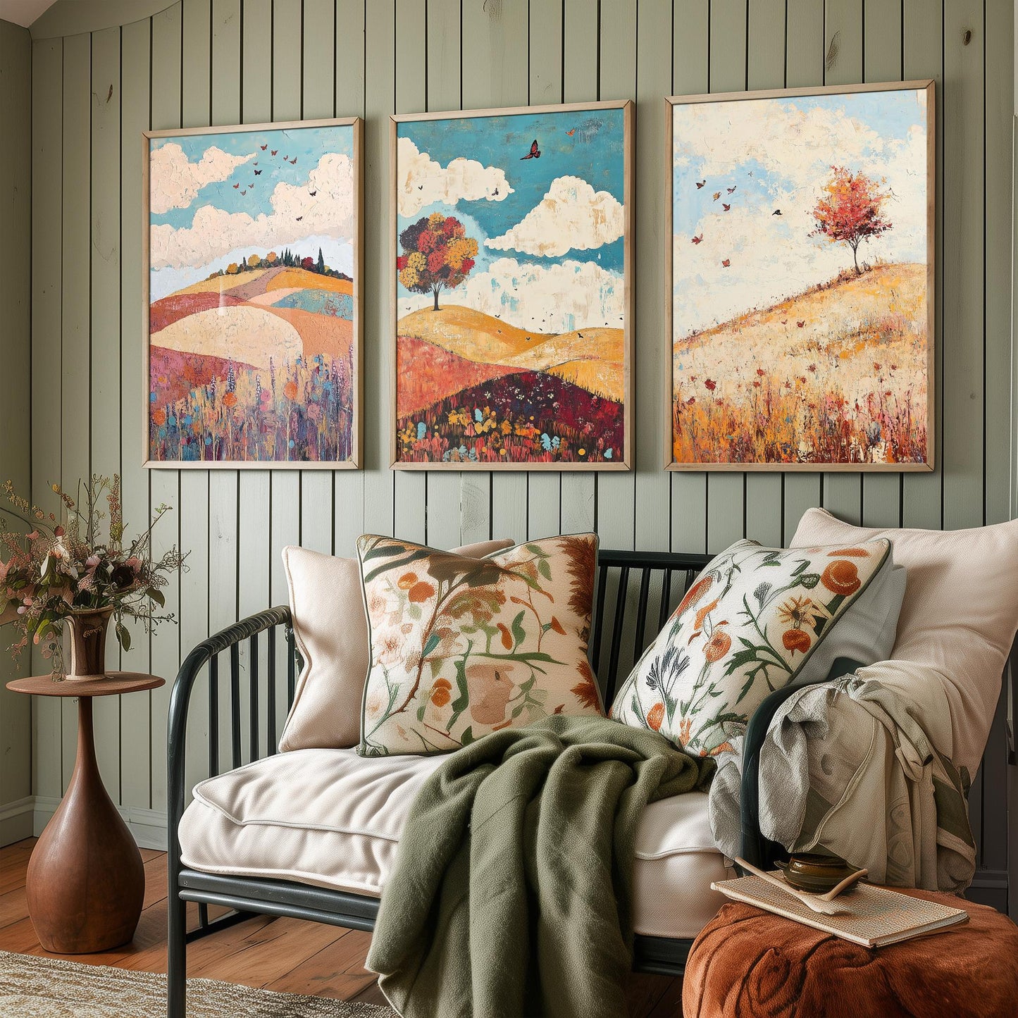 Rolling Hills Butterfly Set of Three Art Prints - Biscotti Burgundy and Sky - Folk Meadow Poster Illustration Gift