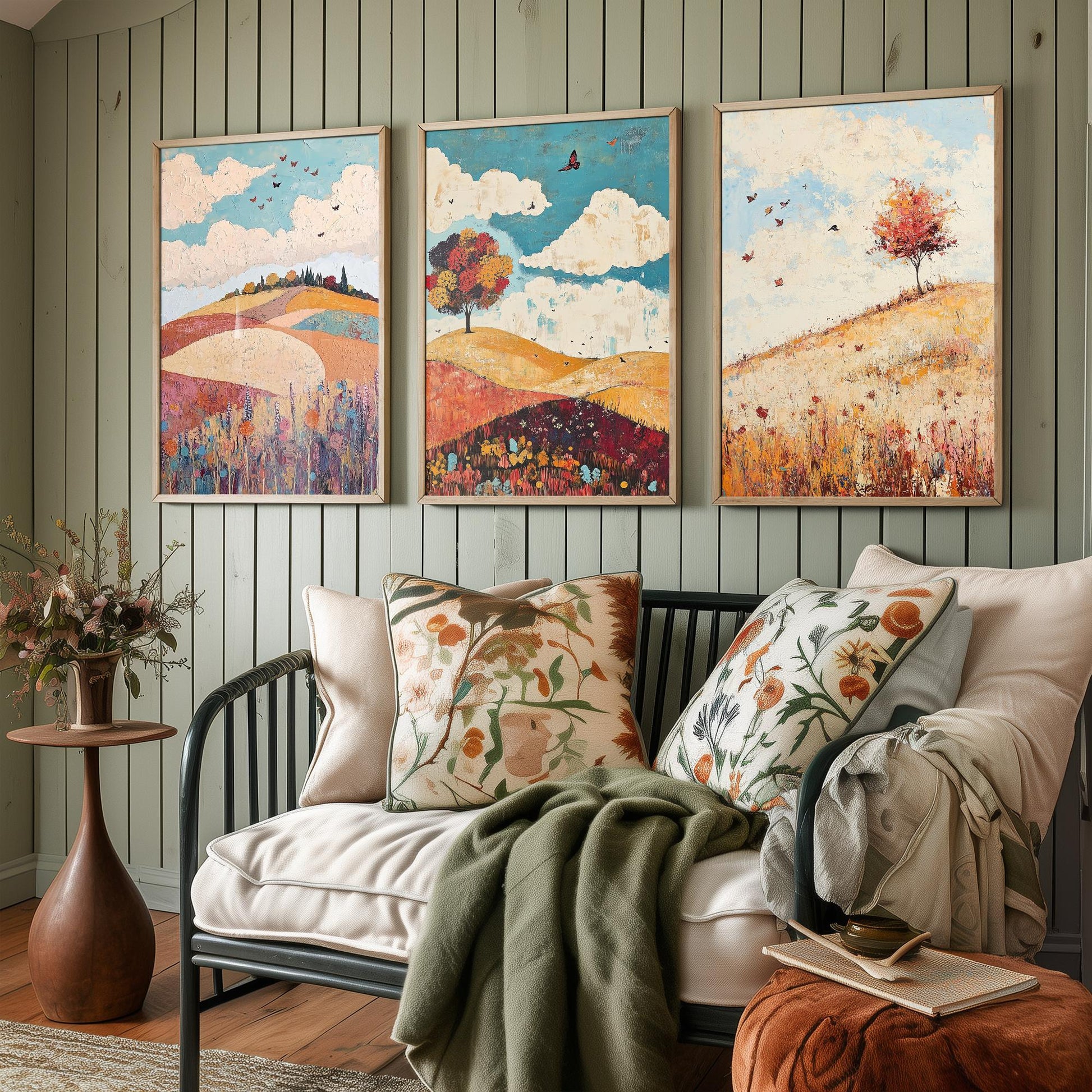 Rolling Hills Butterfly Set of Three Art Prints - Biscotti Burgundy and Sky - Folk Meadow Poster Illustration Gift